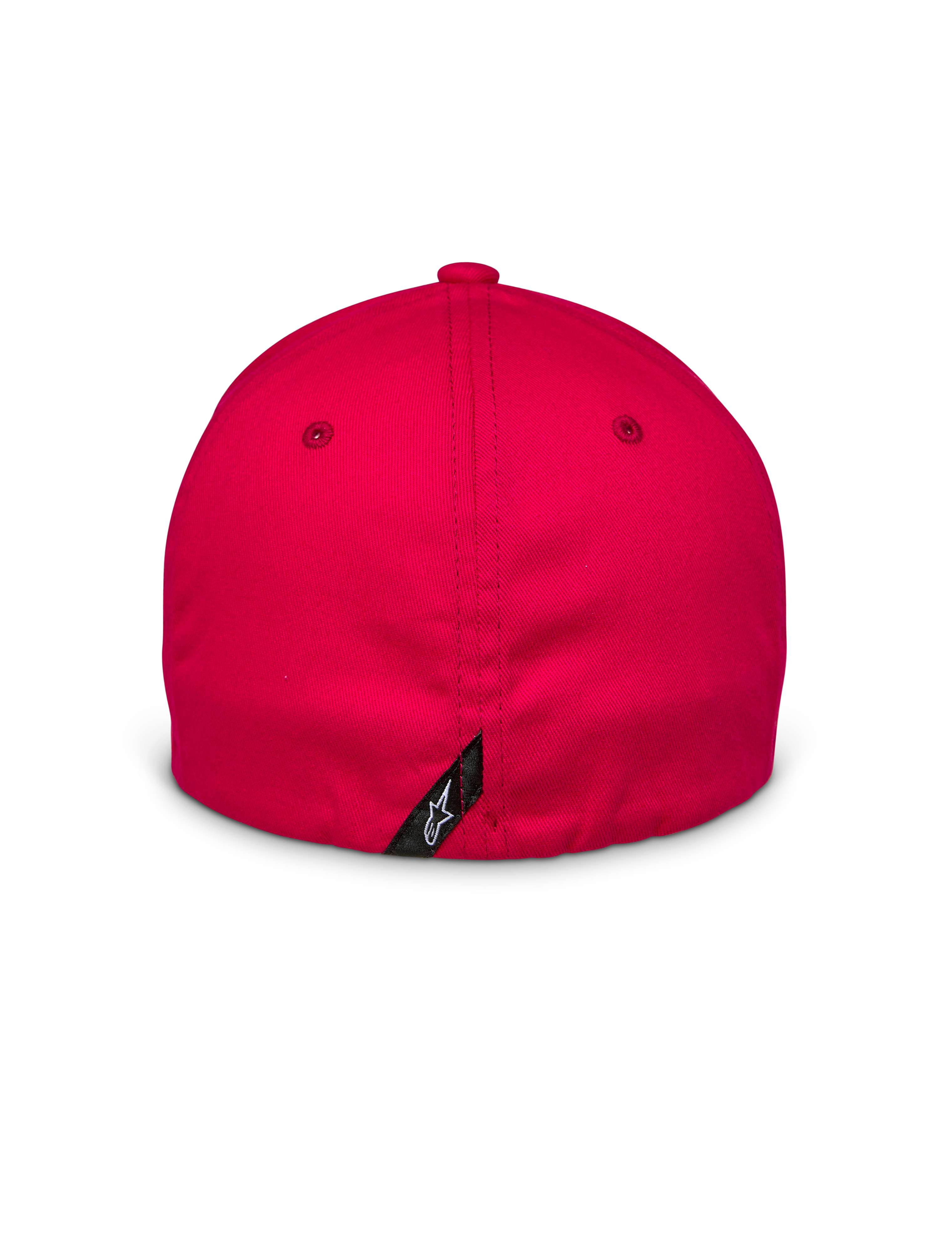 Cappello Alpinestars Arcstars, rosso, vista posteriore con chiusura flex-back, piccola etichetta nera con logo Astars bianco sulla cucitura centrale, tessuto twill elasticizzato strutturato, copricapo casual motorsport