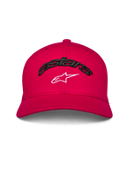 Cappello Alpinestars Arcstars, berretto da baseball con visiera curva, rosso, ricamo 3D Astars nero con logo a stella bianco, corona strutturata, copricapo casual ispirato al motorsport
