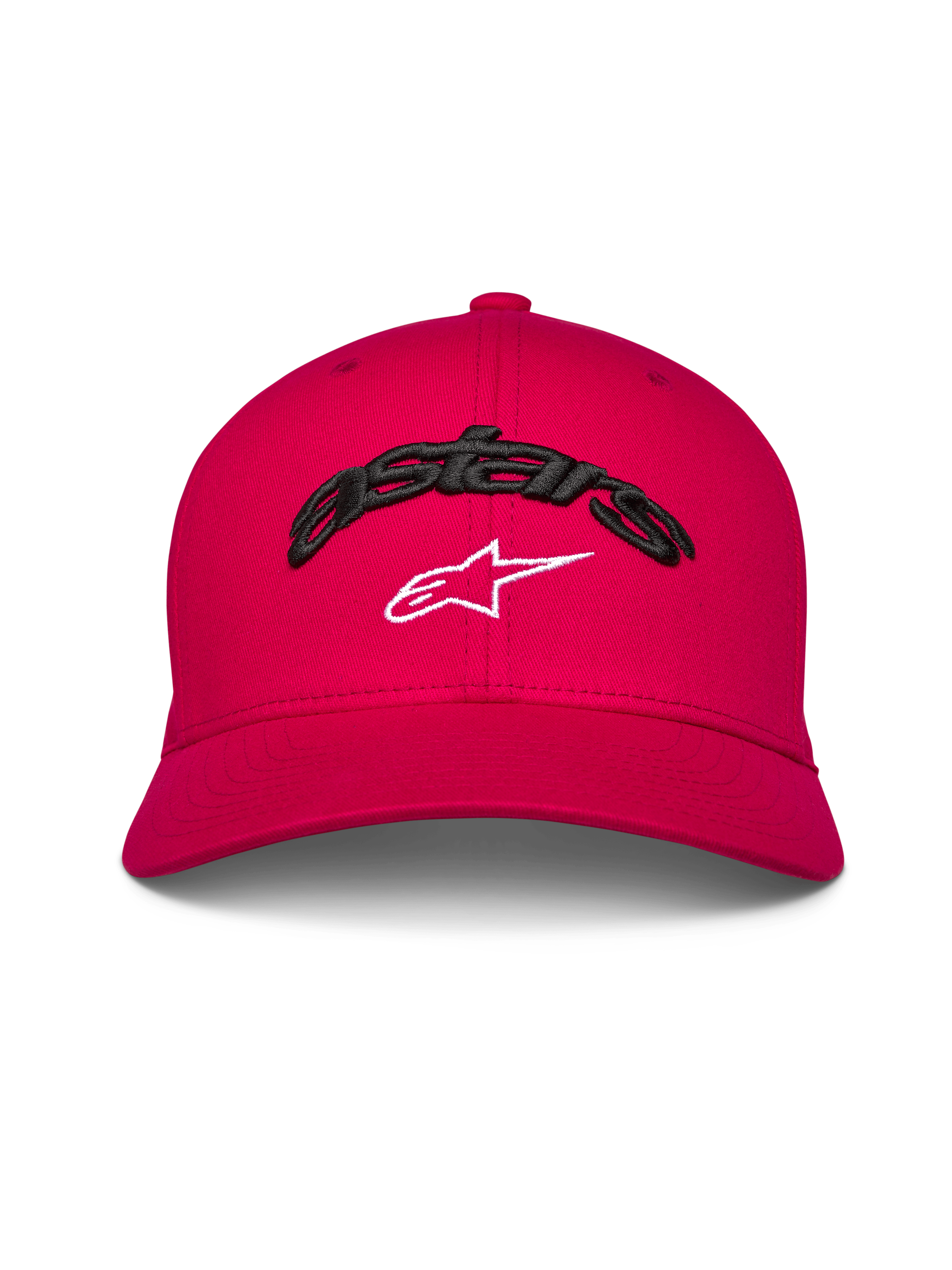 Cappello Alpinestars Arcstars, berretto da baseball con visiera curva, rosso, ricamo 3D Astars nero con logo a stella bianco, corona strutturata, copricapo casual ispirato al motorsport