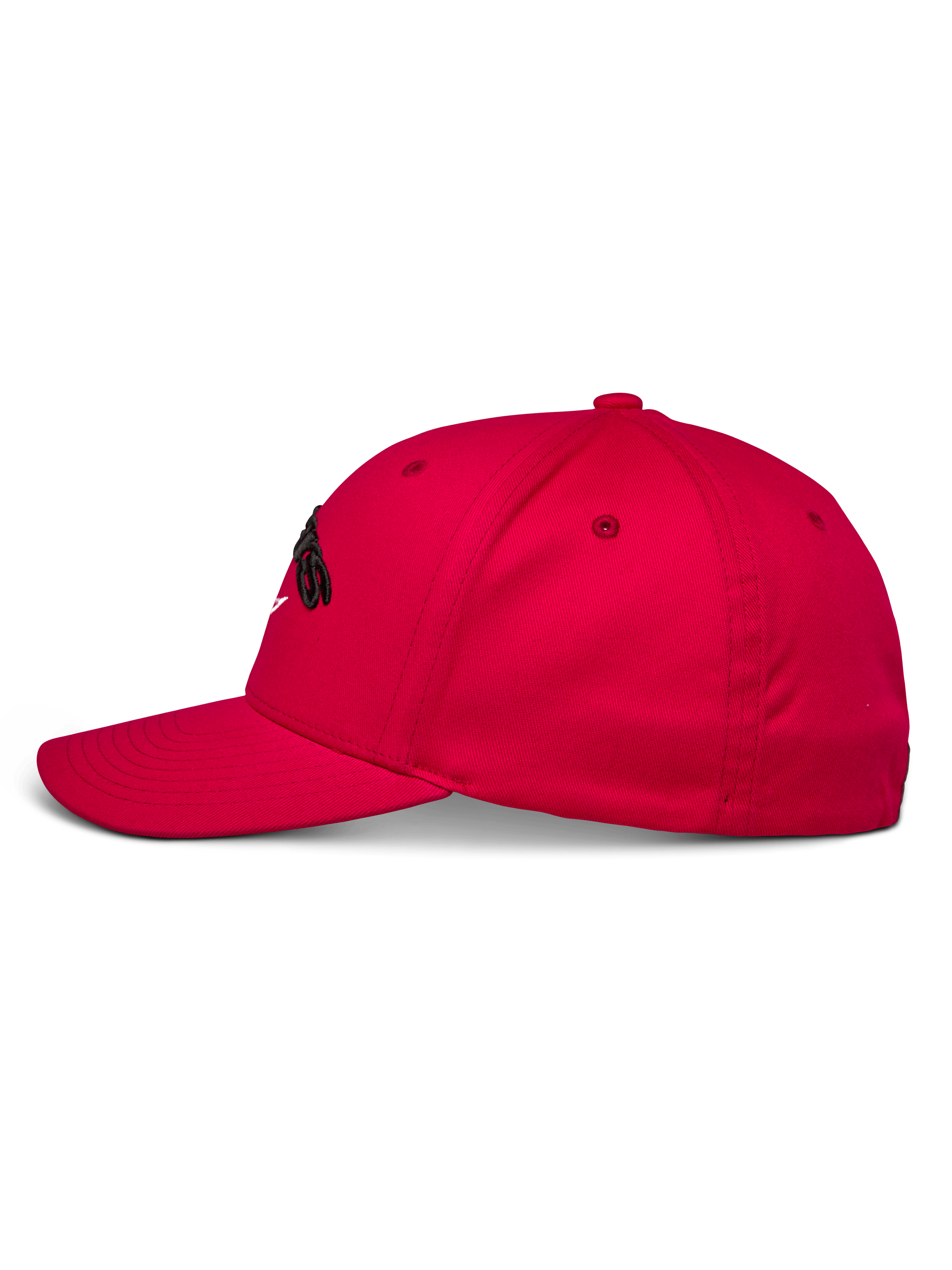 Cappello Alpinestars Arcstars, berretto da baseball rosso, vista laterale di profilo, corona strutturata con visiera curva, ricamo 3D Astars nero, abbigliamento sportivo casual motorsport