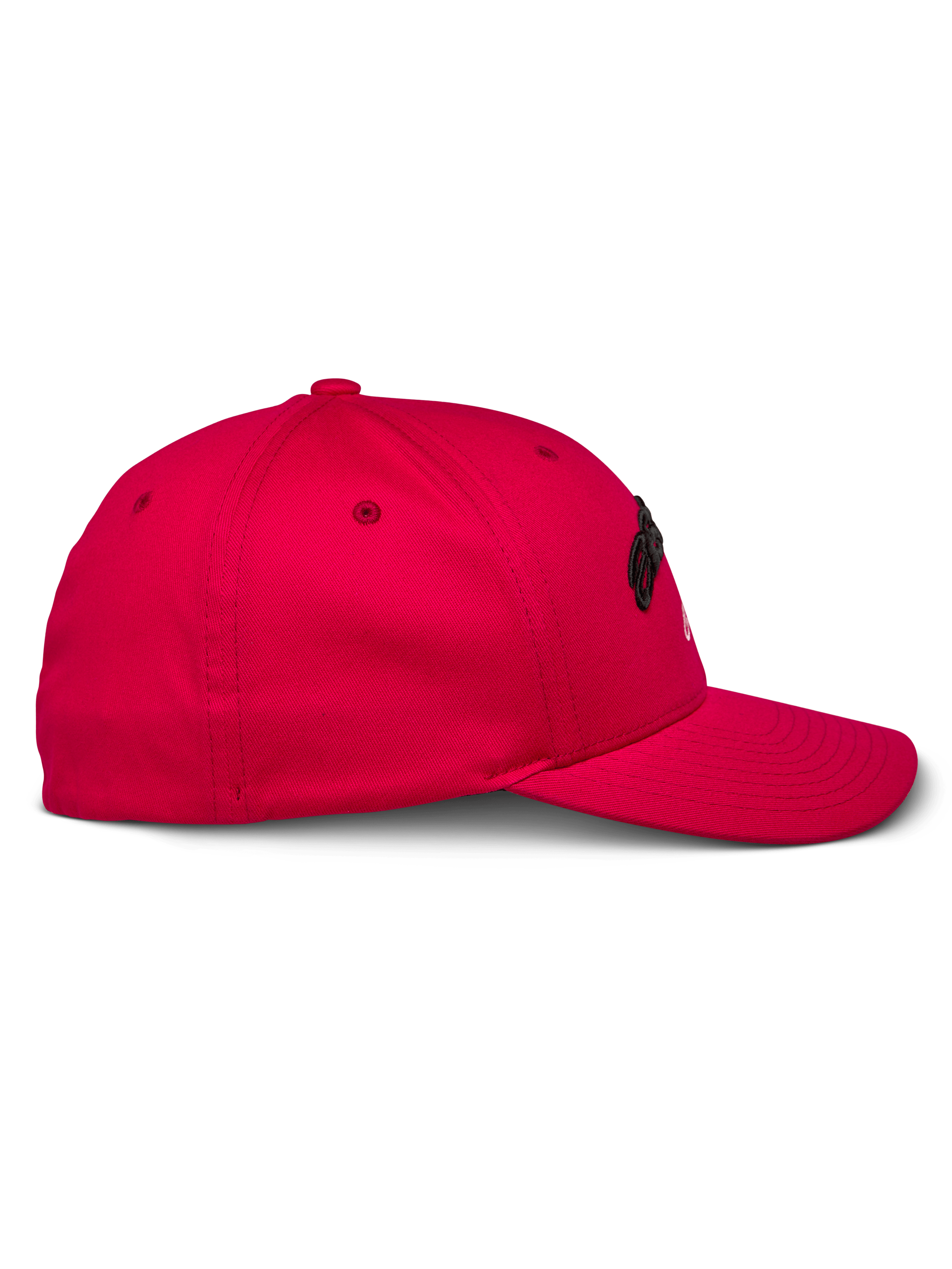 Cappello Alpinestars Arcstars, rosso, vista laterale, cappello da baseball strutturato con visiera curva, tessuto in twill elasticizzato, ricamo 3D nero, abbigliamento sportivo casual