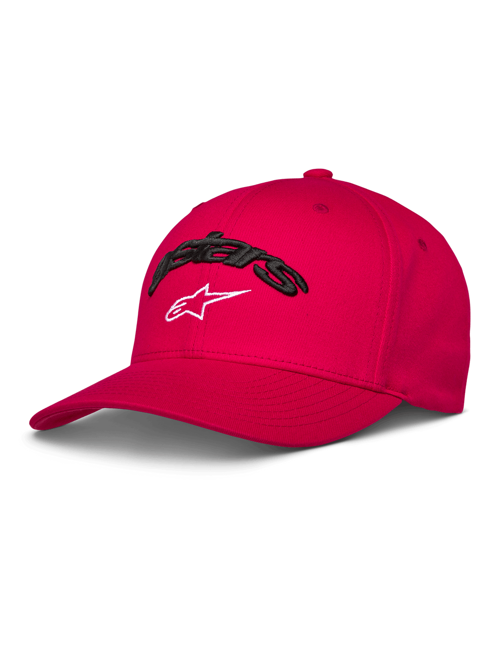Alpinestars Cappello Arcstars, cappello da baseball rosso, visiera curva e corona strutturata, ricamo Astars 3D nero con logo stella bianco, abbigliamento sportivo casual motorsport