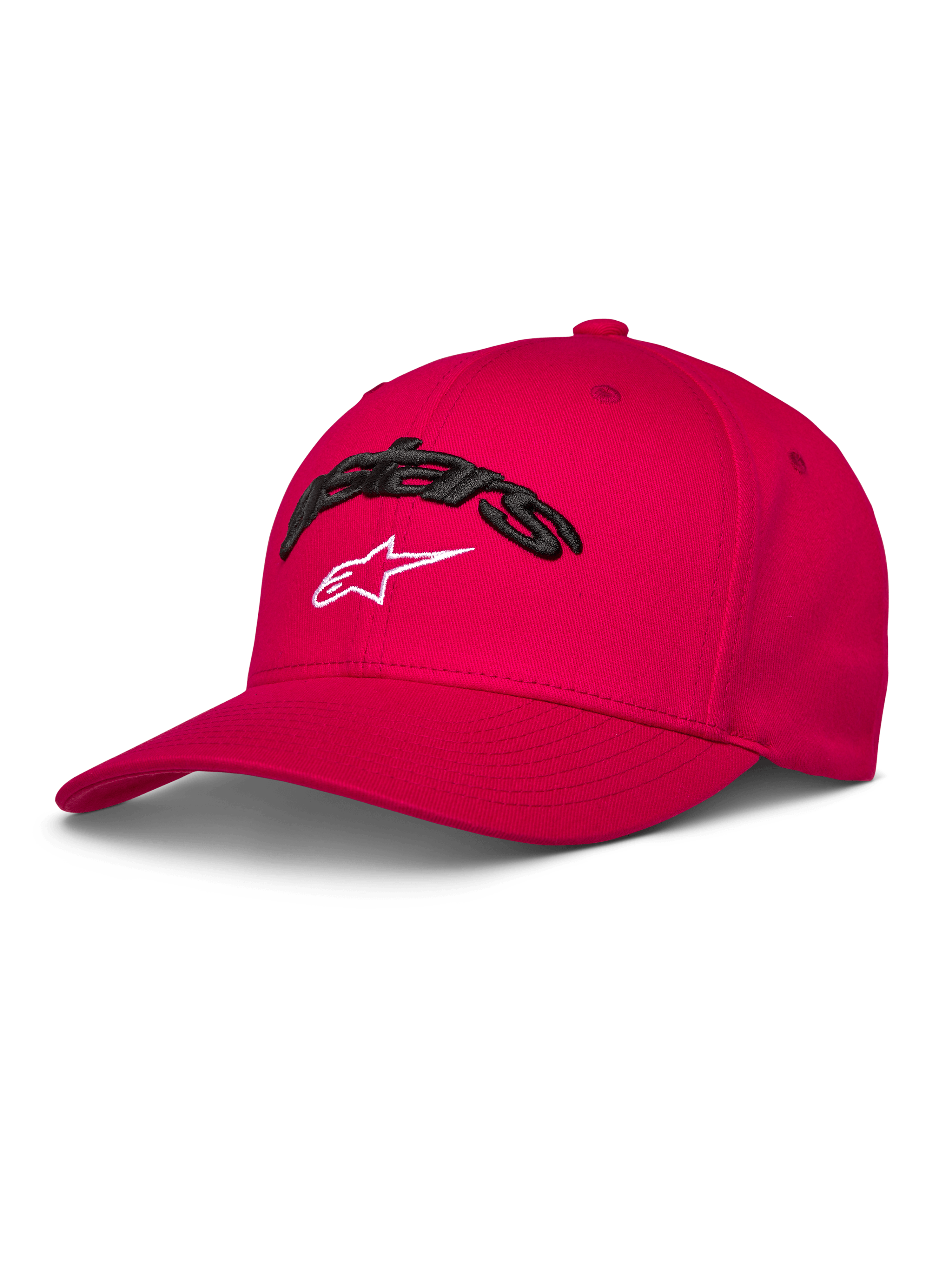 Alpinestars Cappello Arcstars, cappello da baseball rosso, visiera curva e corona strutturata, ricamo Astars 3D nero con logo stella bianco, abbigliamento sportivo casual motorsport