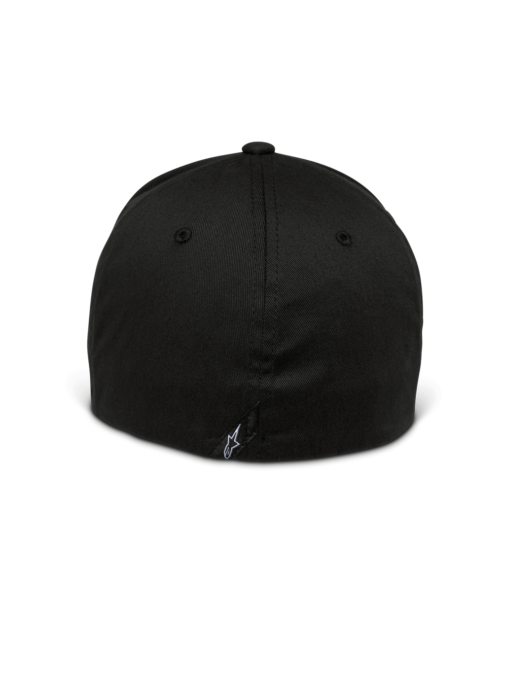Alpinestars Cappello Setting, cappello flex back, nero, vista posteriore con design flex chiuso, piccolo logo a stella bianco ricamato sulla cucitura inferiore, corona strutturata in tessuto twill elasticizzato