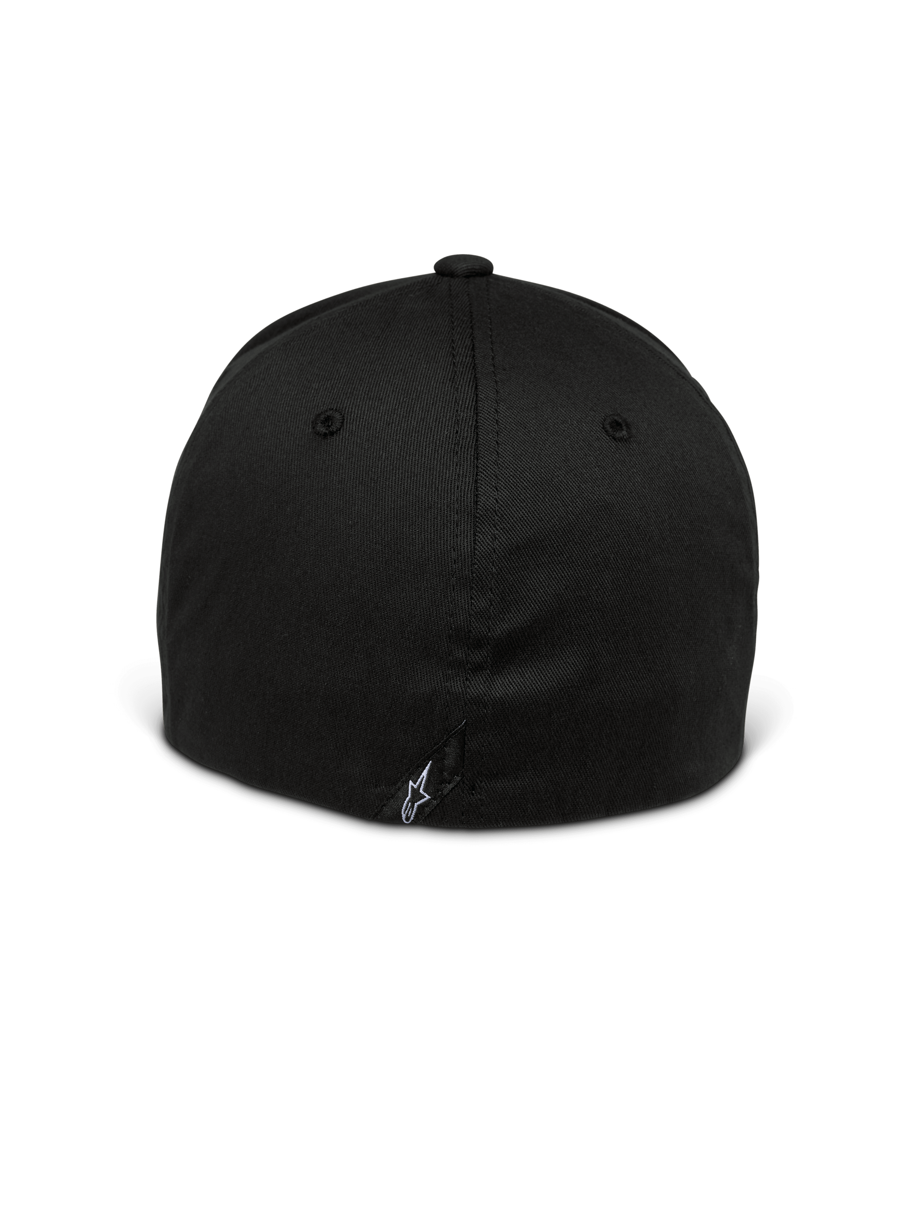 Alpinestars Cappello Setting, cappello flex back, nero, vista posteriore con design flex chiuso, piccolo logo a stella bianco ricamato sulla cucitura inferiore, corona strutturata in tessuto twill elasticizzato