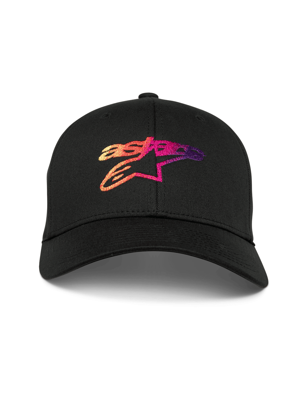 Alpinestars Setting Hat, cappellino da baseball nero con visiera curva, con logo Astar ricamato in 3D con sfumature arancione, rosa e viola, corona strutturata, abbigliamento sportivo casual motorsport