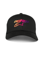 Alpinestars Setting Hat, cappellino da baseball nero con visiera curva, con logo Astar ricamato in 3D con sfumature arancione, rosa e viola, corona strutturata, abbigliamento sportivo casual motorsport