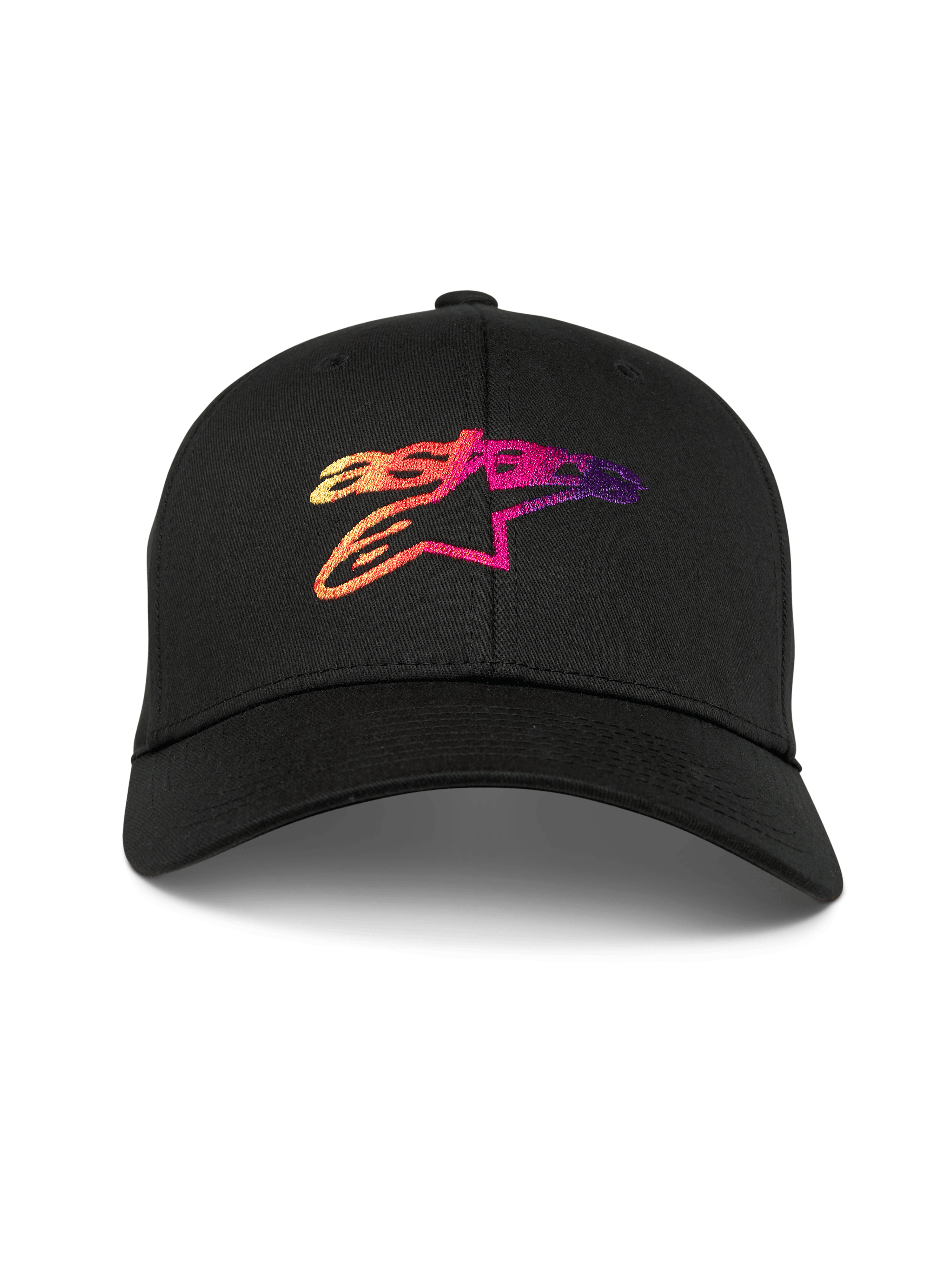 Alpinestars Setting Hat, cappellino da baseball nero con visiera curva, con logo Astar ricamato in 3D con sfumature arancione, rosa e viola, corona strutturata, abbigliamento sportivo casual motorsport
