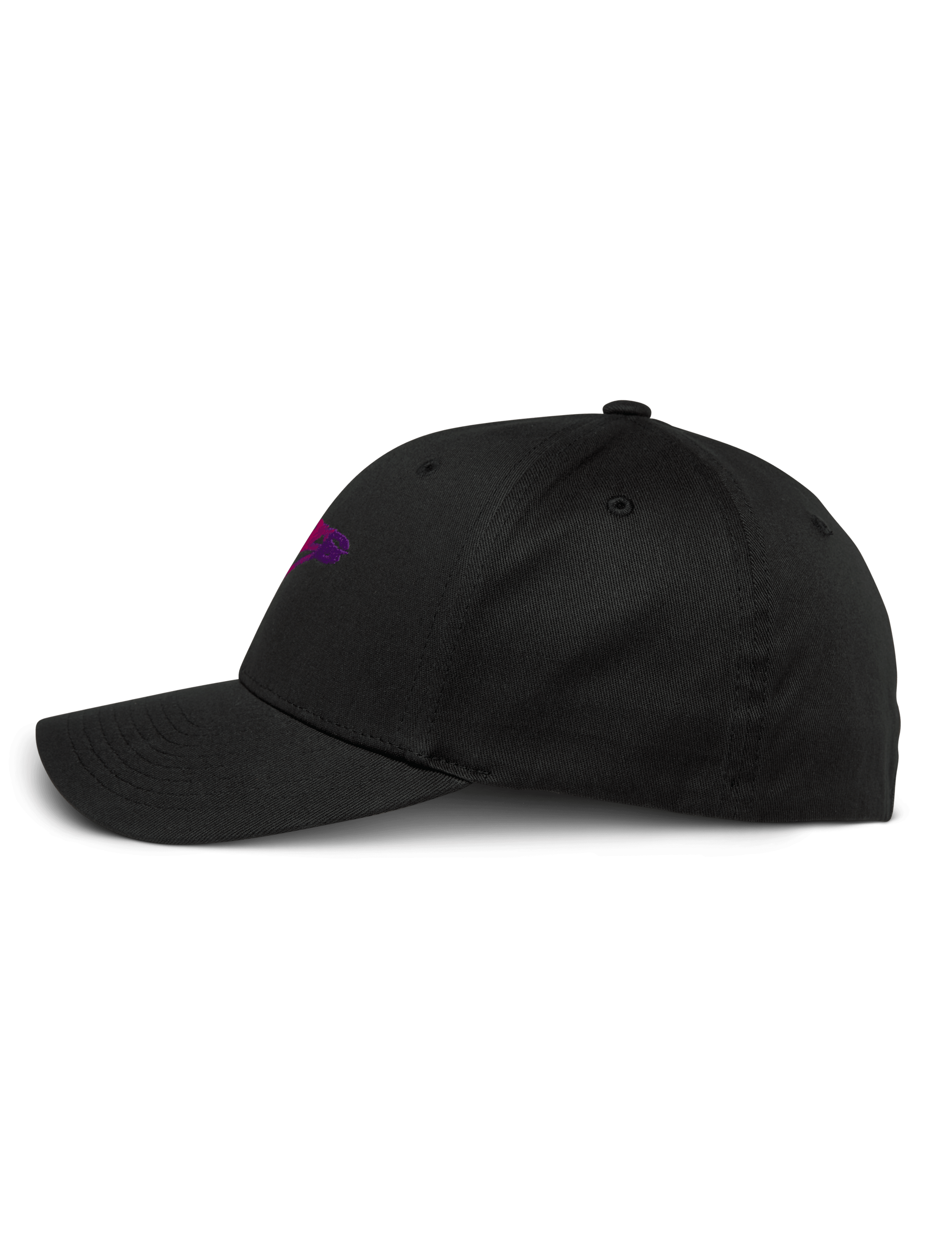 Cappello Alpinestars Setting, nero, vista laterale di profilo, visiera curva con corona strutturata, logo viola ricamato in 3D a gradazione, cappello da baseball casual in twill elasticizzato