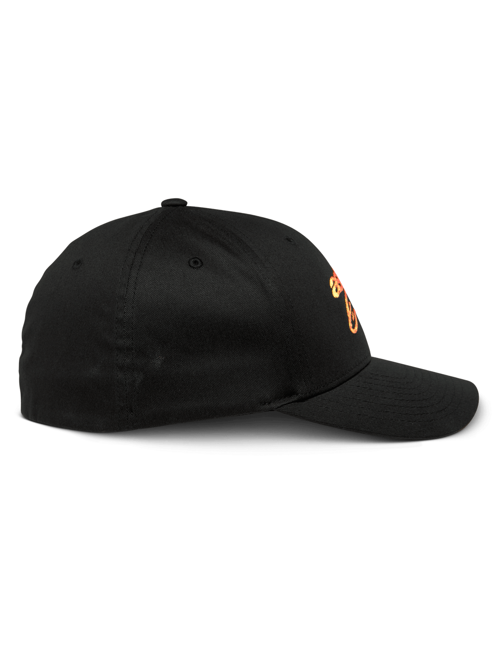 Alpinestars Setting Hat, cappellino da baseball nero, vista di profilo con visiera curva e corona strutturata, logo ricamato con gradazione arancione, abbigliamento sportivo casual