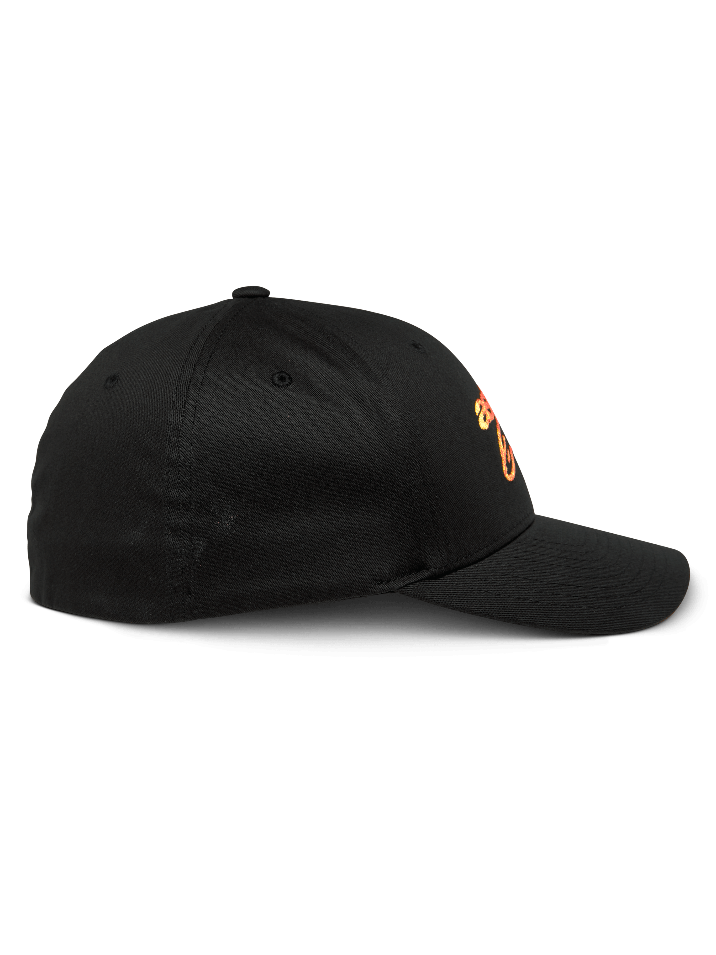 Alpinestars Setting Hat, cappellino da baseball nero, vista di profilo con visiera curva e corona strutturata, logo ricamato con gradazione arancione, abbigliamento sportivo casual