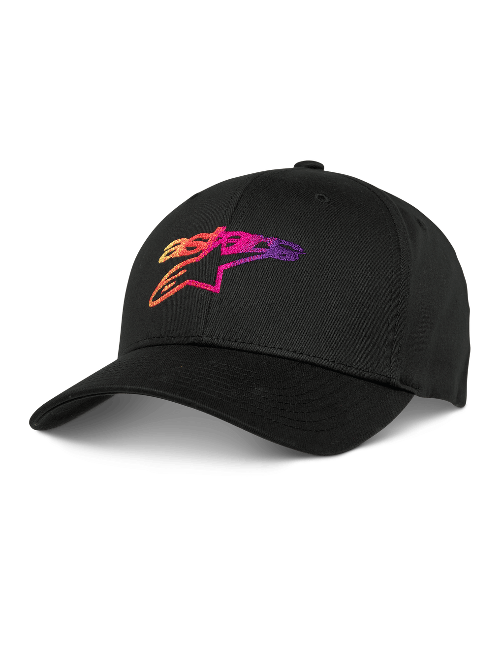 Alpinestars Setting Hat, cappellino da baseball nero con logo ricamato in 3D a gradazione arancione, rosa e viola, visiera curva, corona strutturata, copricapo lifestyle casual