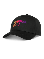 Alpinestars Setting Hat, cappellino da baseball nero con logo ricamato in 3D a gradazione arancione, rosa e viola, visiera curva, corona strutturata, copricapo lifestyle casual
