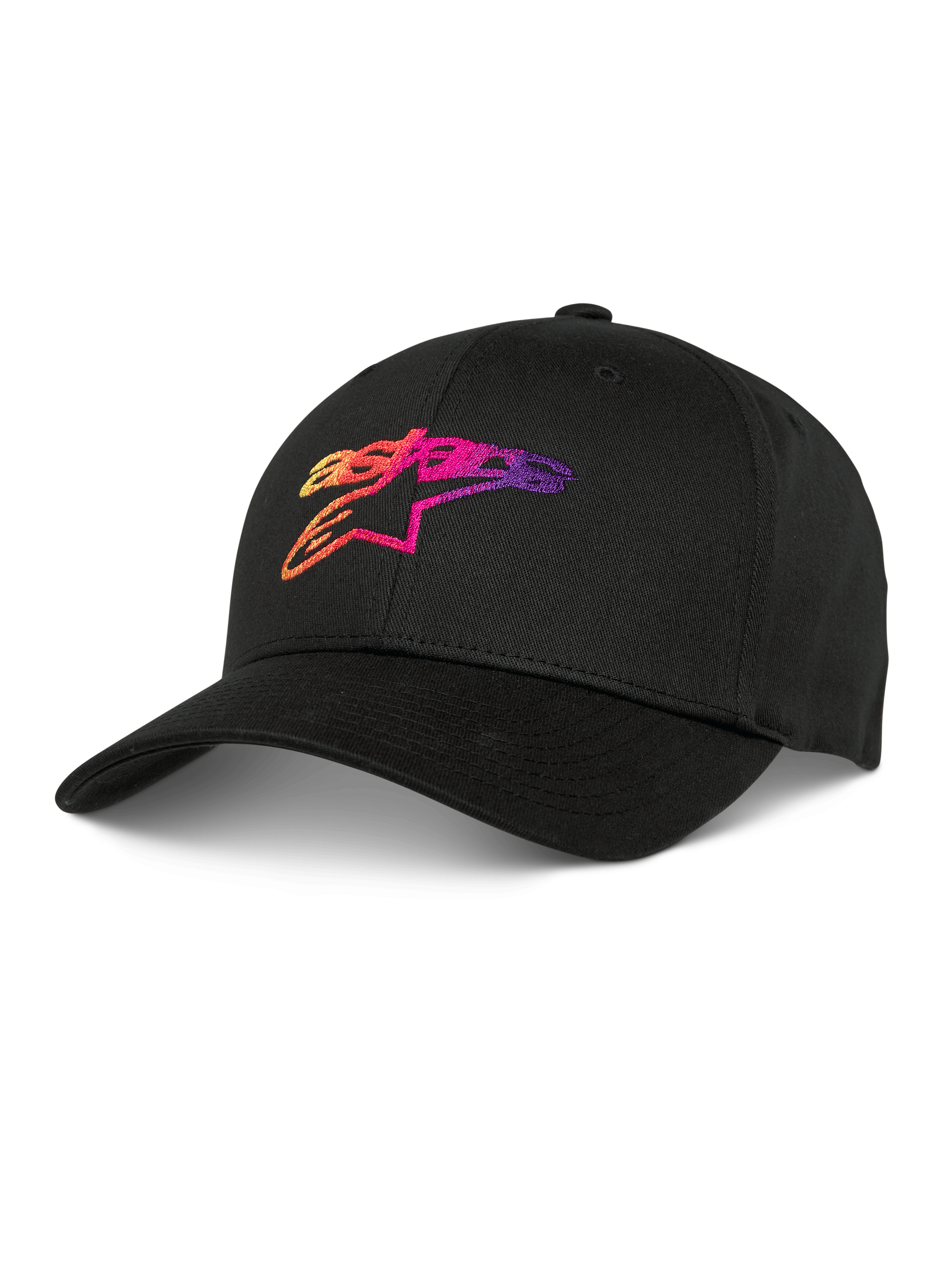 Alpinestars Setting Hat, cappellino da baseball nero con logo ricamato in 3D a gradazione arancione, rosa e viola, visiera curva, corona strutturata, copricapo lifestyle casual