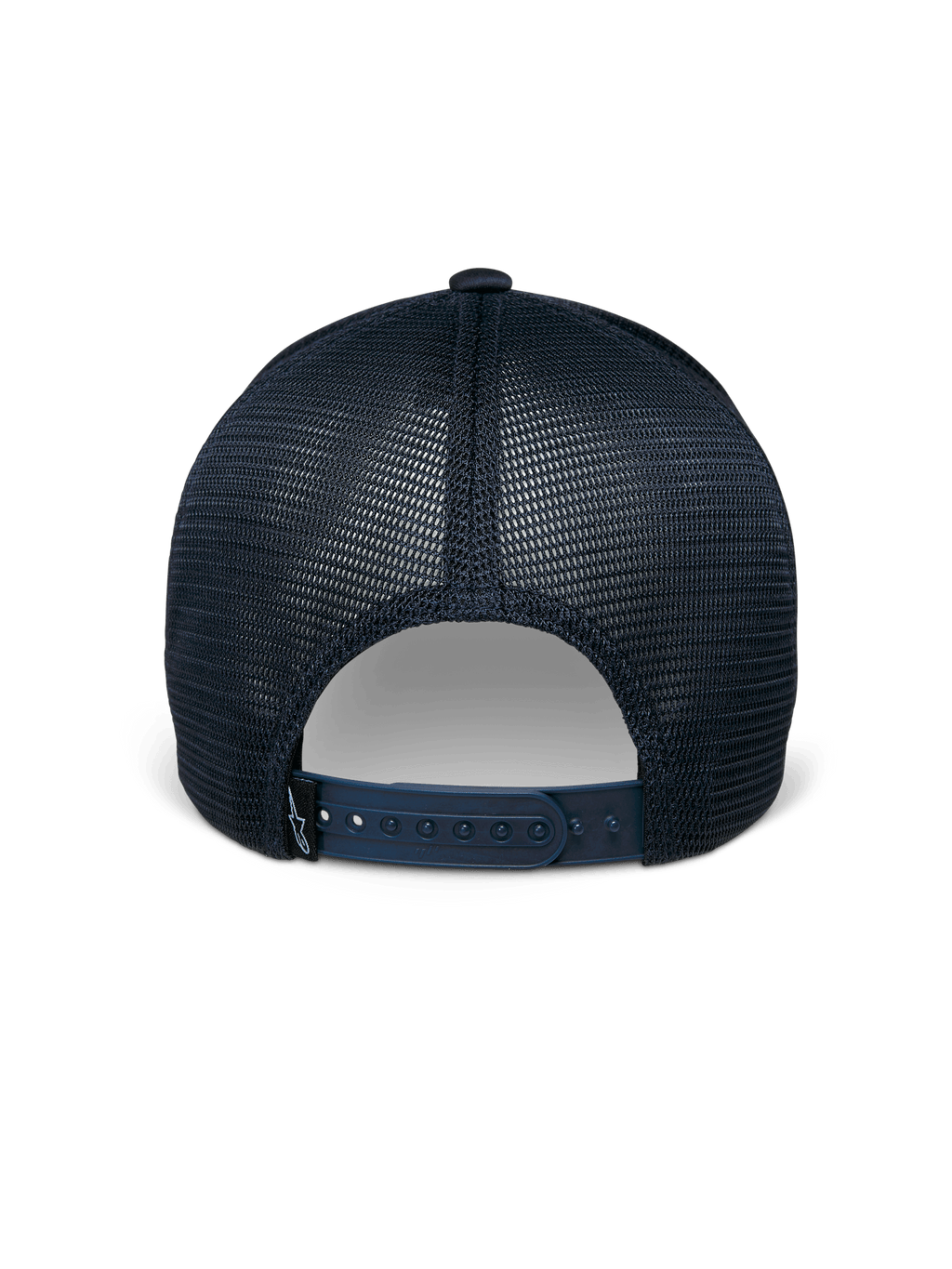 Cappello Alpinestars Delane, blu navy, vista posteriore, con pannelli in rete traspirante a diamante, chiusura snapback regolabile con piccola etichetta con logo, abbigliamento sportivo casual