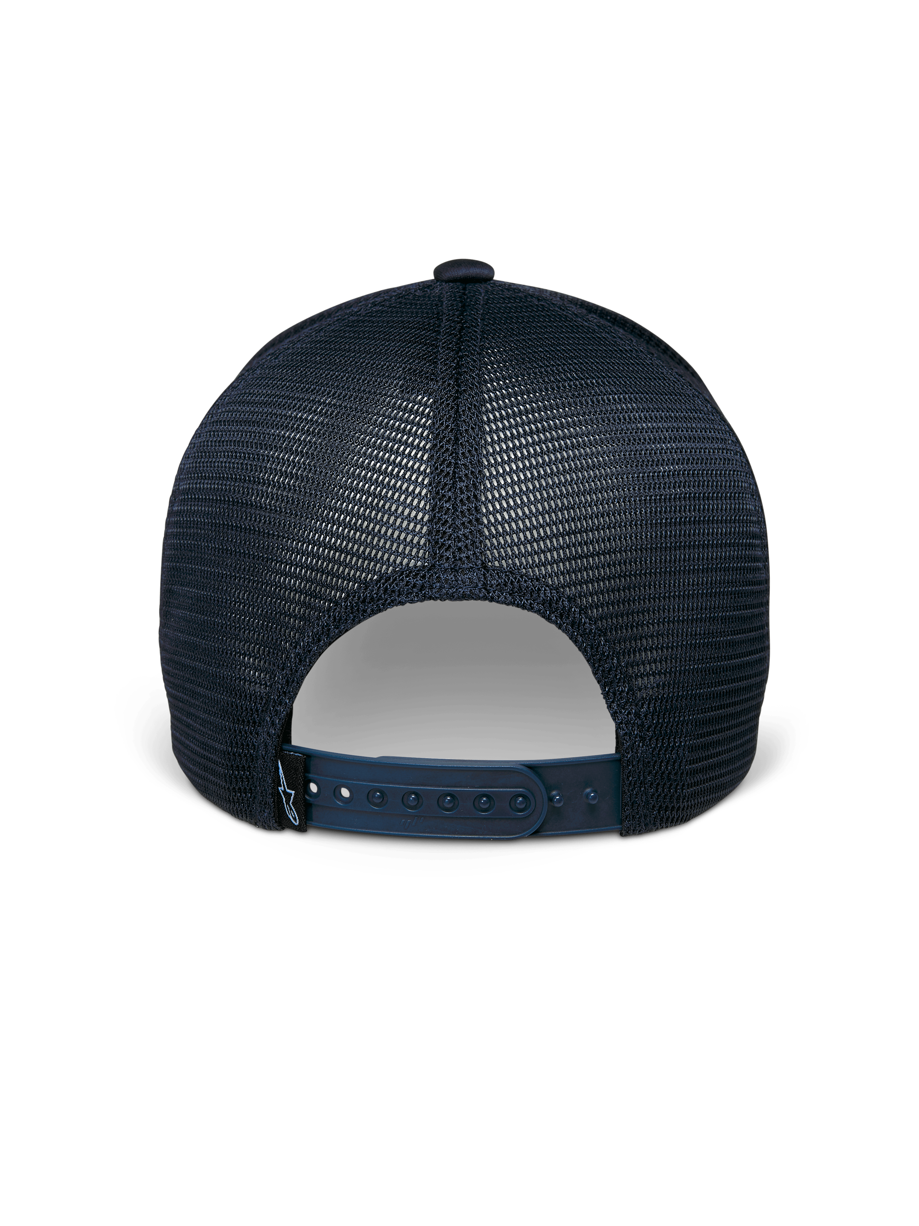 Cappello Alpinestars Delane, blu navy, vista posteriore, con pannelli in rete traspirante a diamante, chiusura snapback regolabile con piccola etichetta con logo, abbigliamento sportivo casual