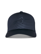 Cappello Alpinestars Delane, berretto da baseball strutturato, blu navy, visiera curva con logo Alpinestars in tinta e patch riflettente, retro in rete per la ventilazione, accessorio sportivo performance
