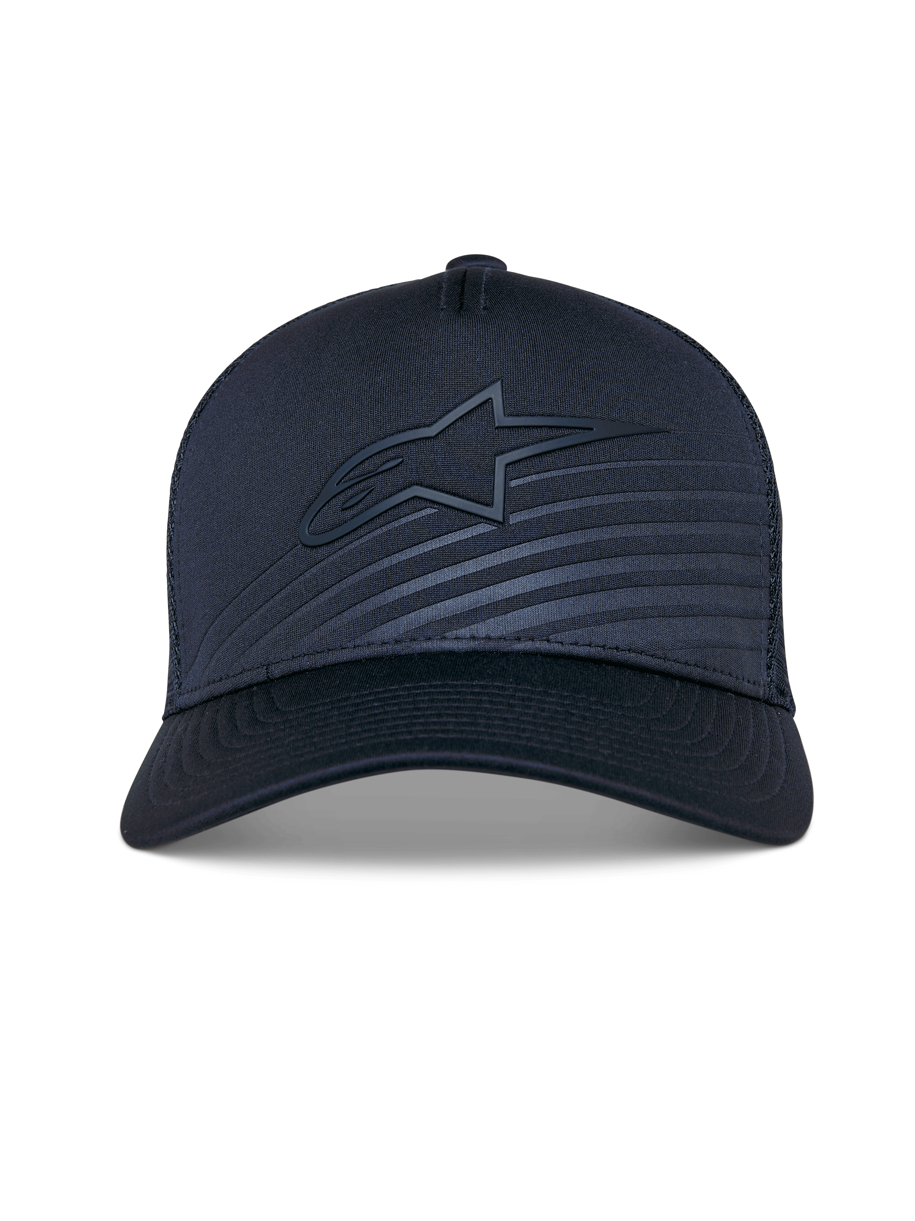 Cappello Alpinestars Delane, berretto da baseball strutturato, blu navy, visiera curva con logo Alpinestars in tinta e patch riflettente, retro in rete per la ventilazione, accessorio sportivo performance