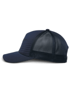 Alpinestars Delane Hat, blu navy, profilo laterale di un cappello strutturato stile baseball con visiera curva, parte anteriore in jersey ibrido con cuciture orizzontali e retro in rete a diamante, abbigliamento sportivo casual