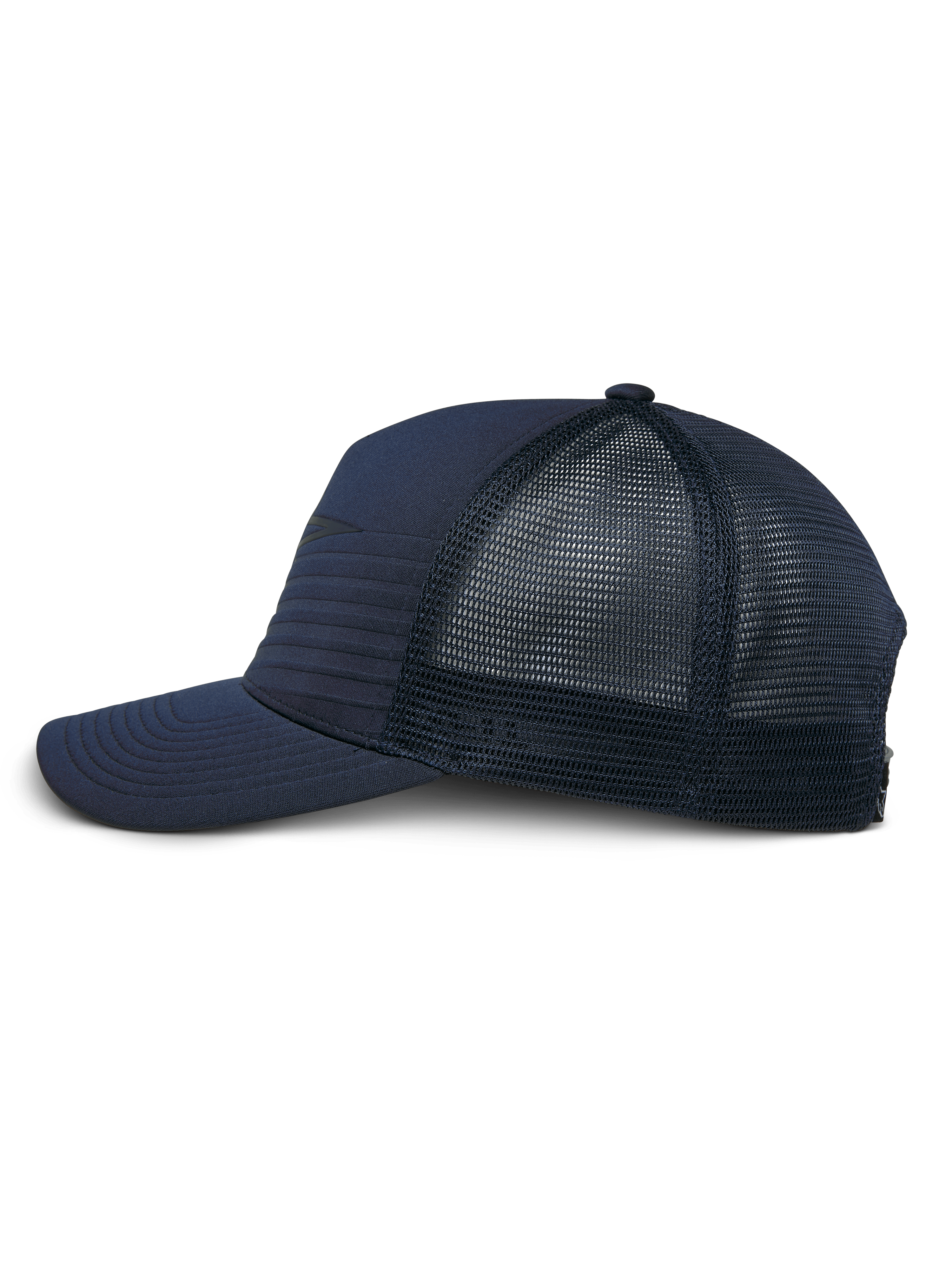 Alpinestars Delane Hat, blu navy, profilo laterale di un cappello strutturato stile baseball con visiera curva, parte anteriore in jersey ibrido con cuciture orizzontali e retro in rete a diamante, abbigliamento sportivo casual