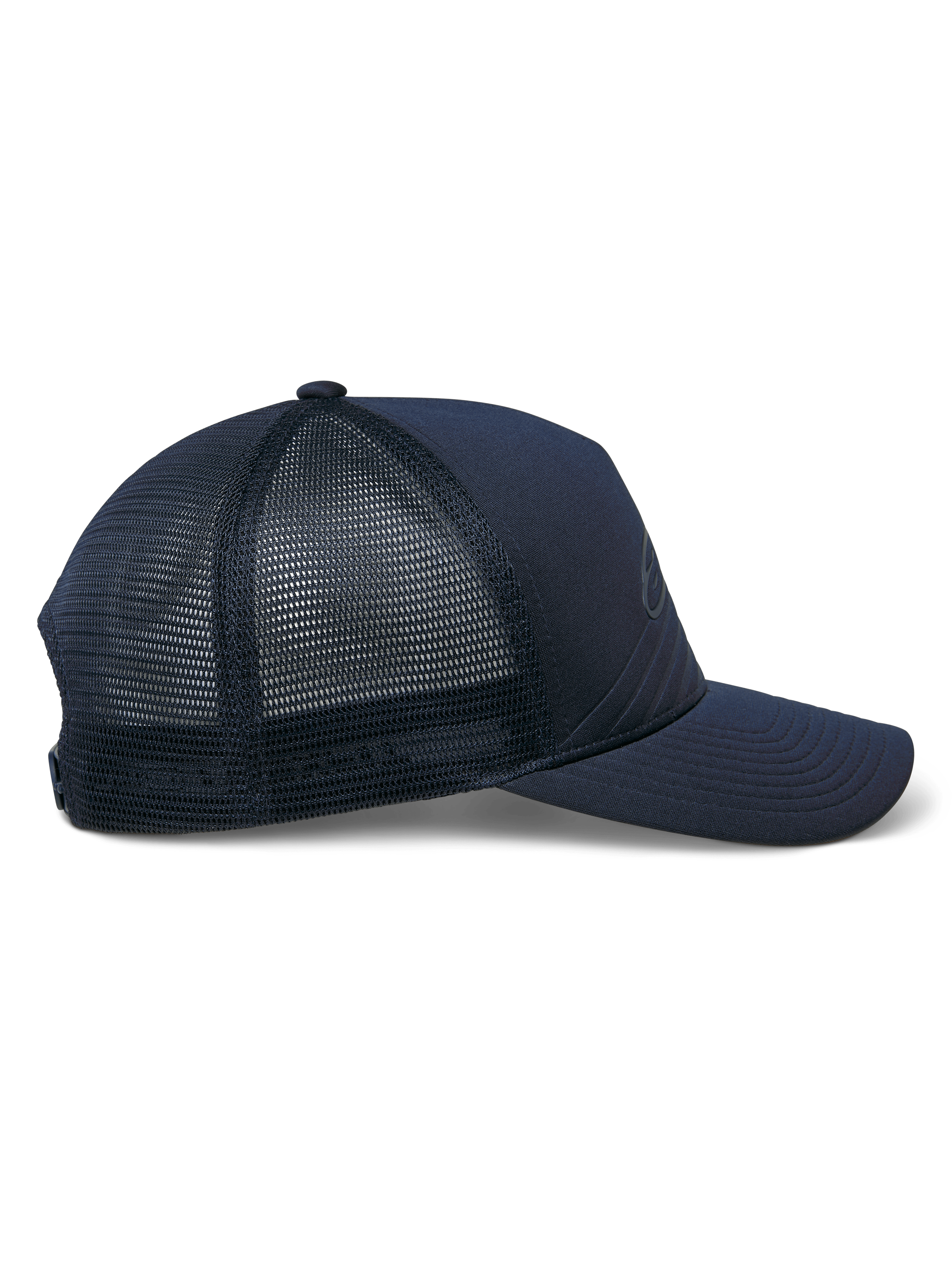 Cappello Alpinestars Delane, cappello sportswear, blu navy, vista laterale di profilo con retro in rete a diamante e parte anteriore in jersey, visiera curva, corona strutturata