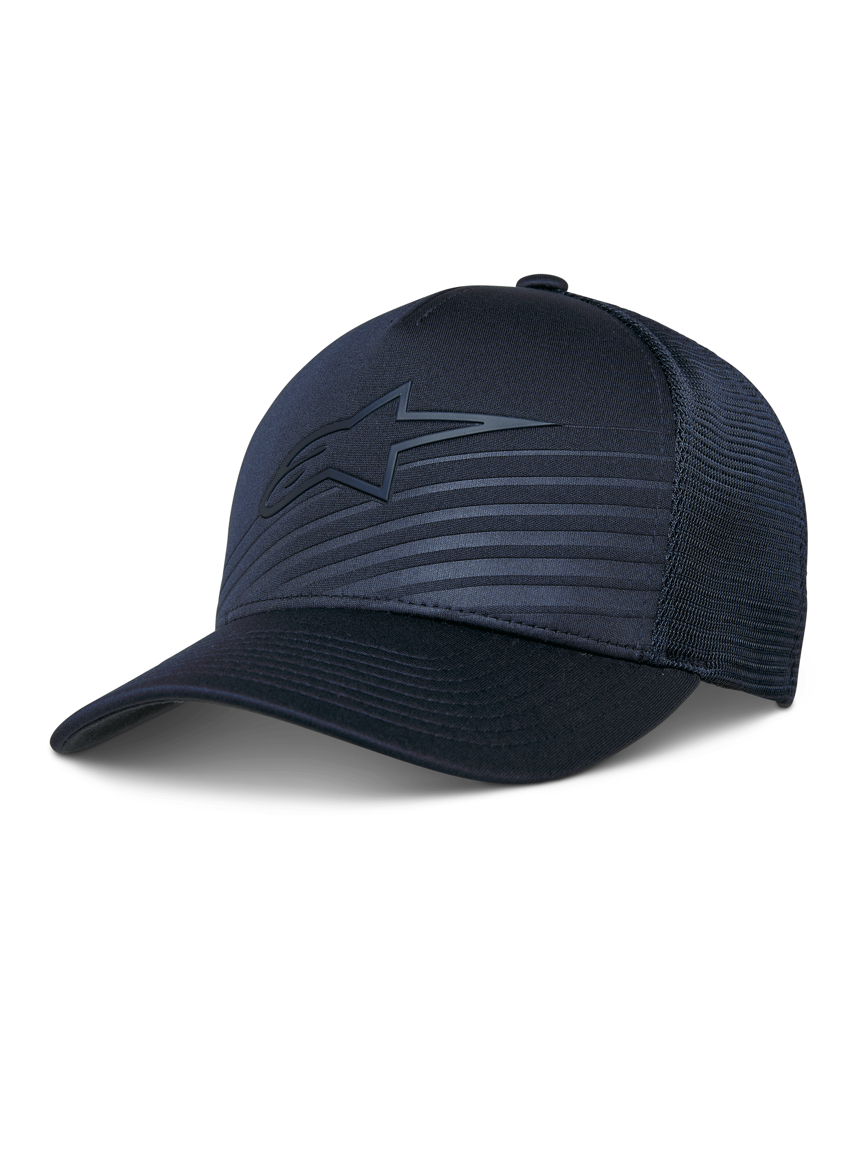 Cappello Alpinestars Delane, cappellino da baseball performance, blu navy, logo a stella tono su tono e linee riflettenti, corona strutturata con retro in rete Diamond, visiera curva, abbigliamento sportivo traspirante