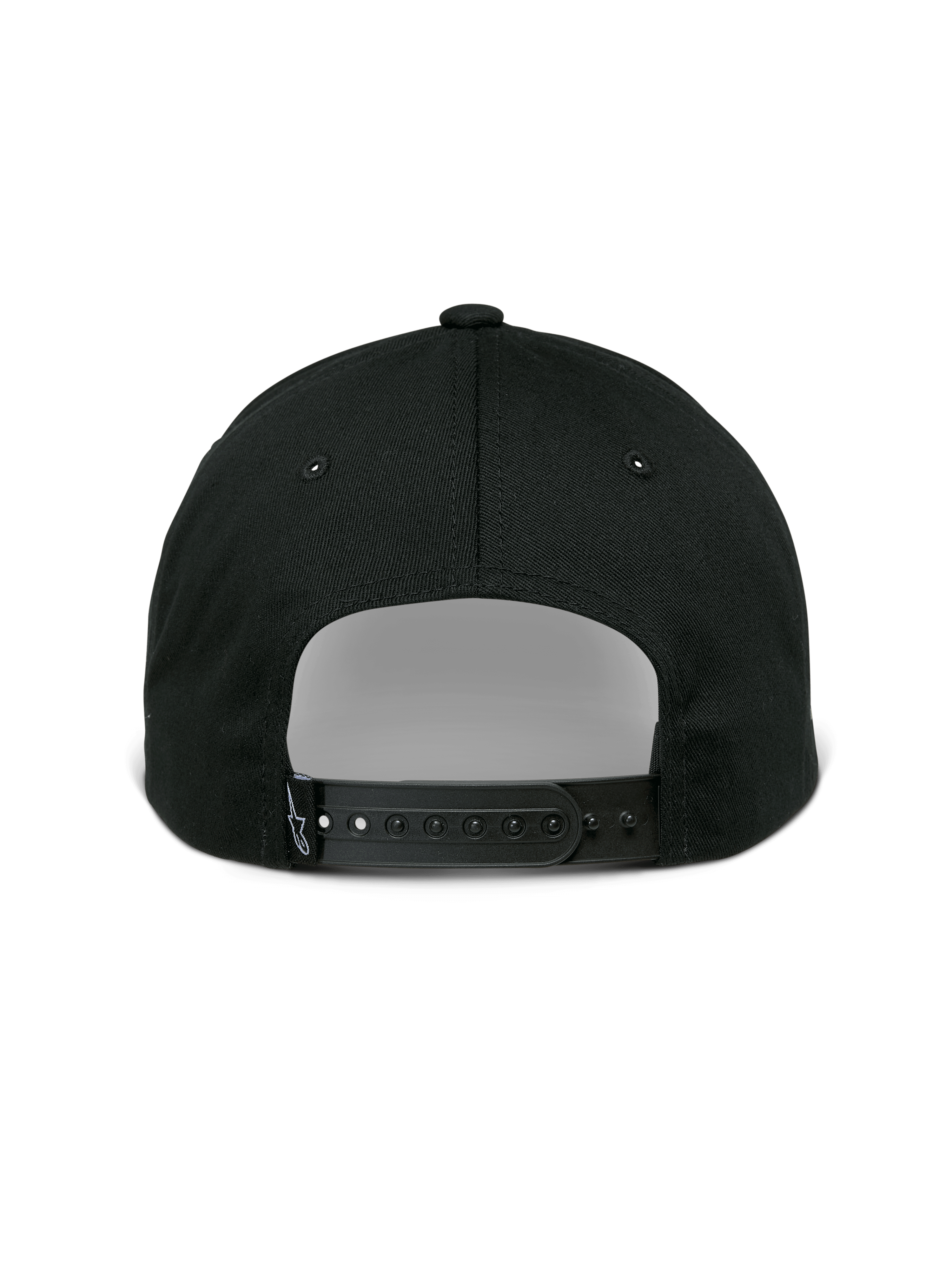 Alpinestars Sessionized Hat, cappello snapback, nero, vista posteriore con chiusura regolabile e piccola etichetta con logo, twill di cotone, copricapo casual ispirato al motorsport