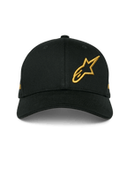 Alpinestars Sessionized Hat, cappellino snapback nero con visiera curva, logo Astars ricamato in 3D oro sul lato anteriore sinistro, design in twill di cotone strutturato, abbigliamento casual motorsport