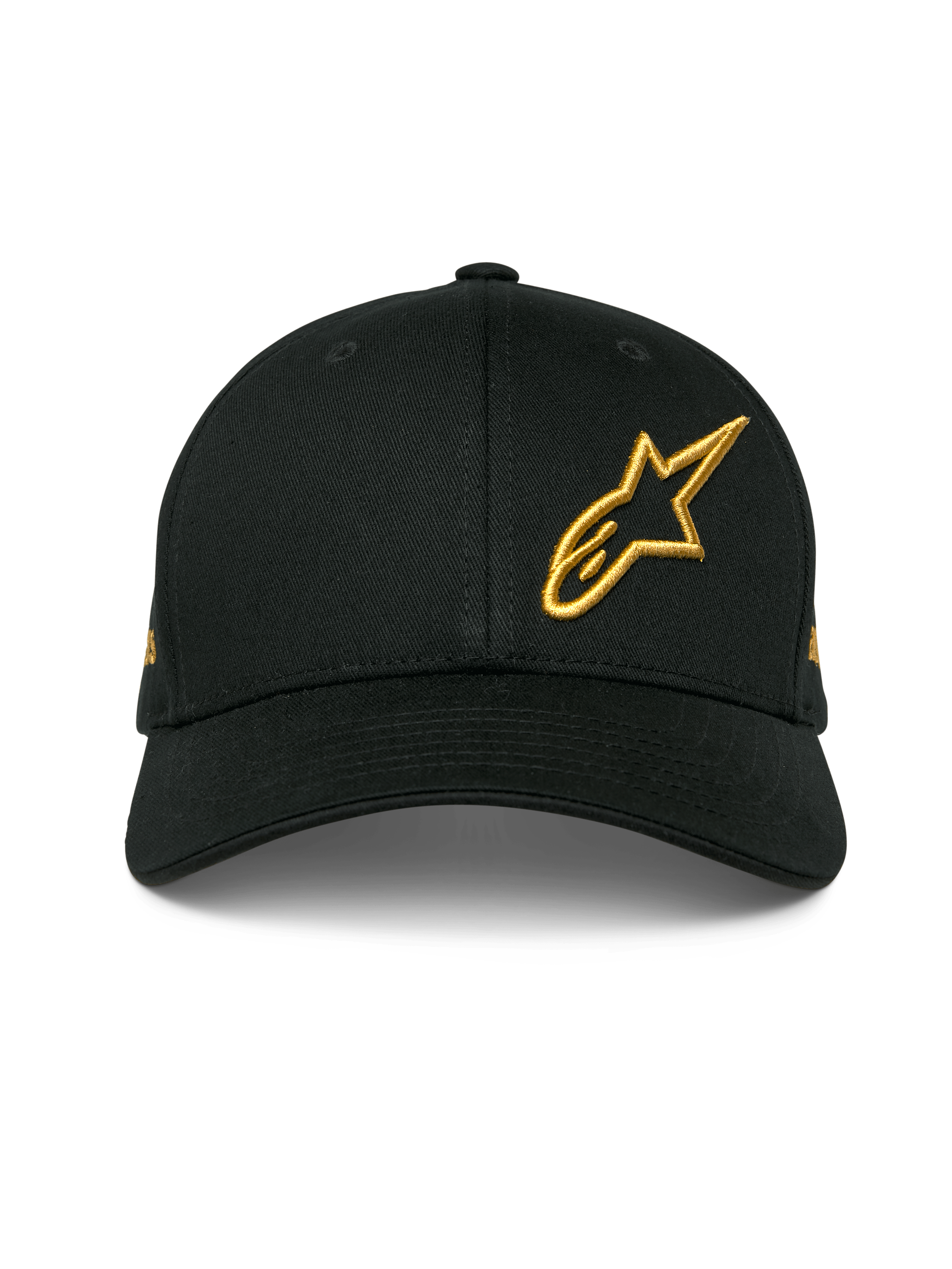Alpinestars Sessionized Hat, cappellino snapback nero con visiera curva, logo Astars ricamato in 3D oro sul lato anteriore sinistro, design in twill di cotone strutturato, abbigliamento casual motorsport