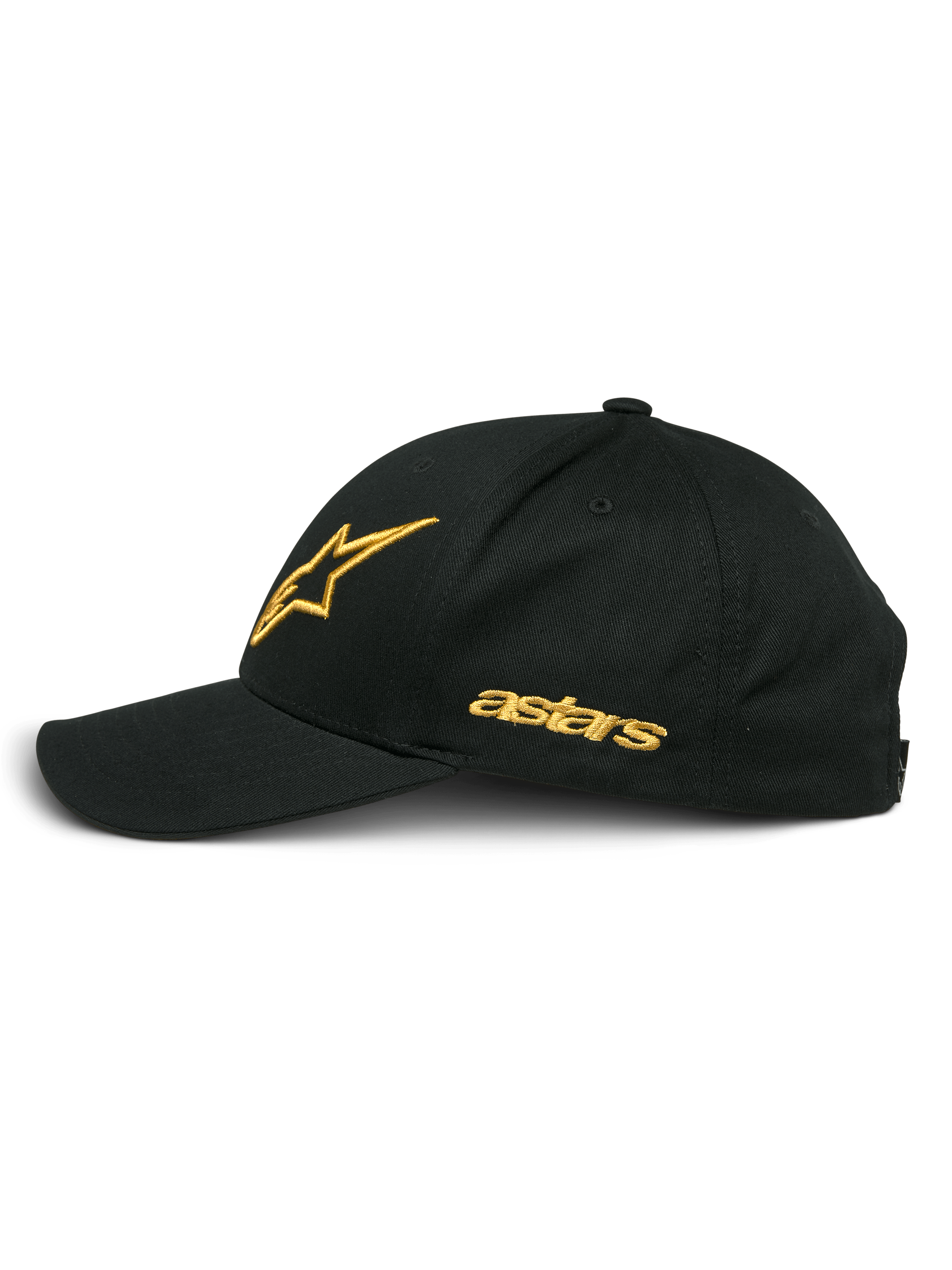 Cappello Alpinestars Sessionized, nero e oro, profilo laterale con logo a stella e scritta astars ricamati in oro, visiera curva, corona strutturata, copricapo casual ispirato al motorsport.