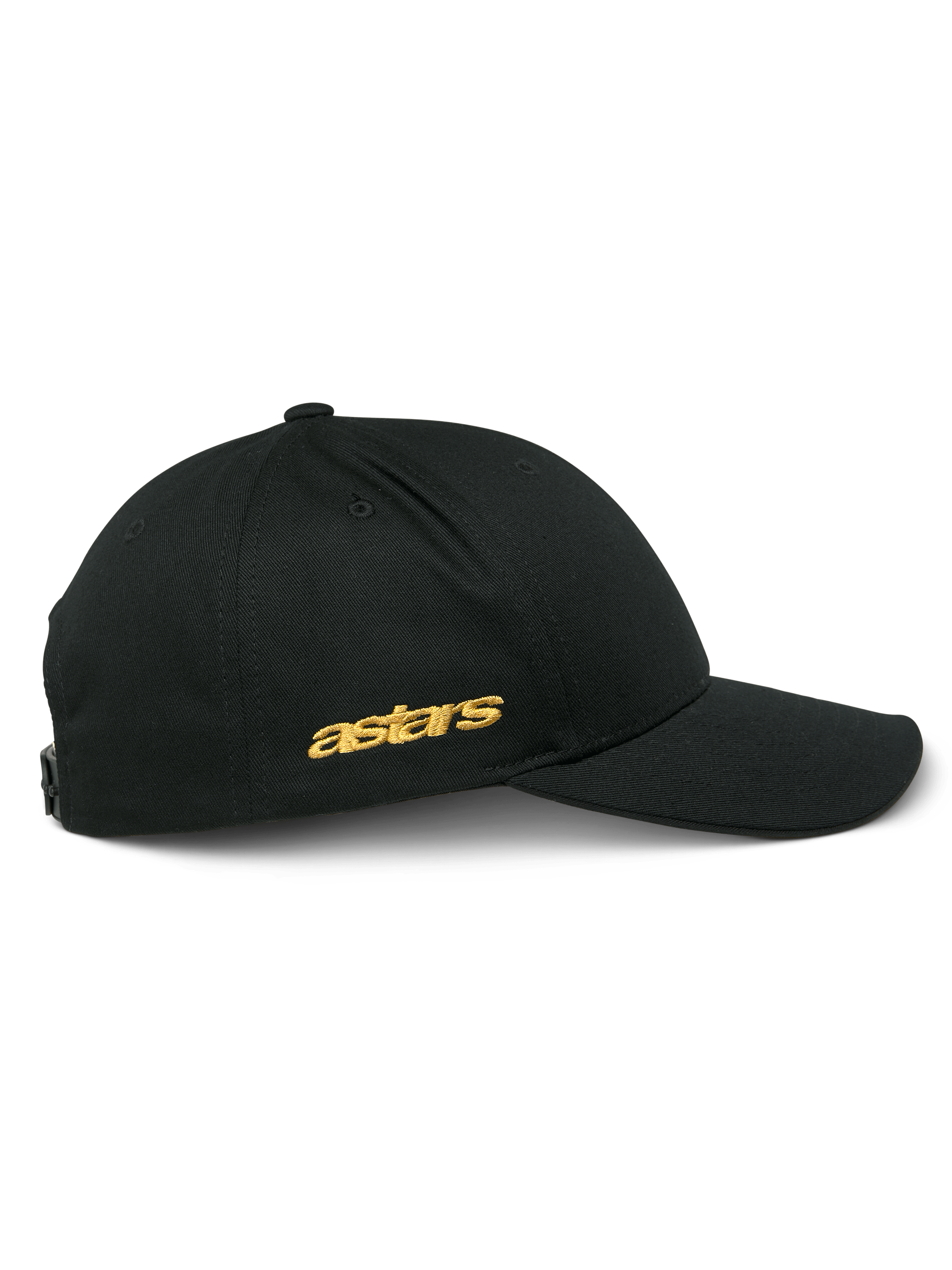 Cappello Alpinestars Sessionized, vista laterale di cappellino snapback nero, ricamo piatto astars oro sul lato, corona strutturata con visiera curva, copricapo casual ispirato al motorsport