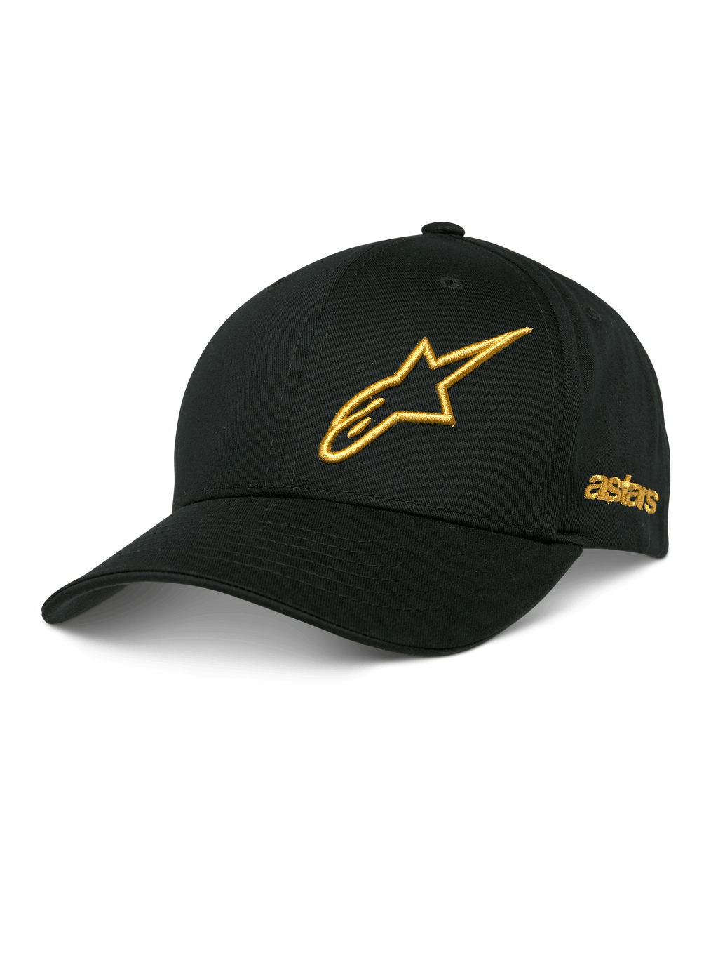 Alpinestars Sessionized Hat, cappellino da baseball nero, logo stella ricamato in 3D oro, visiera curva, ricamo astars laterale, copricapo casual da motorsport