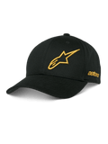 Alpinestars Sessionized Hat, cappellino da baseball nero, logo stella ricamato in 3D oro, visiera curva, ricamo astars laterale, copricapo casual da motorsport