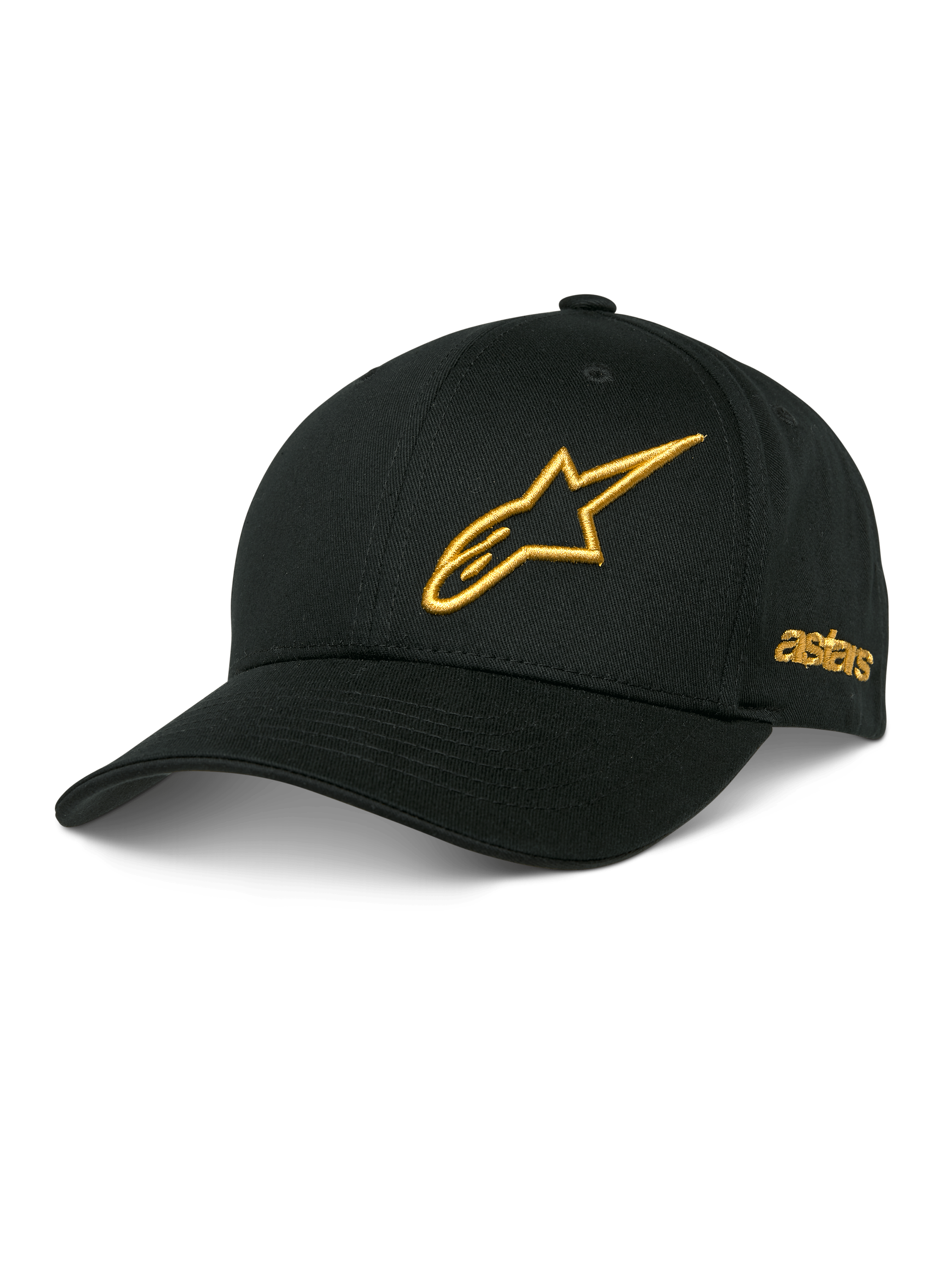 Alpinestars Sessionized Hat, cappellino da baseball nero, logo stella ricamato in 3D oro, visiera curva, ricamo astars laterale, copricapo casual da motorsport