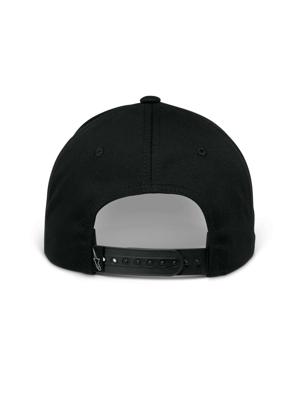 Cappello Alpinestars Profile, nero, vista posteriore con chiusura snapback regolabile, corona strutturata e piccolo logo bianco ricamato sul cinturino posteriore, abbigliamento sportivo casual
