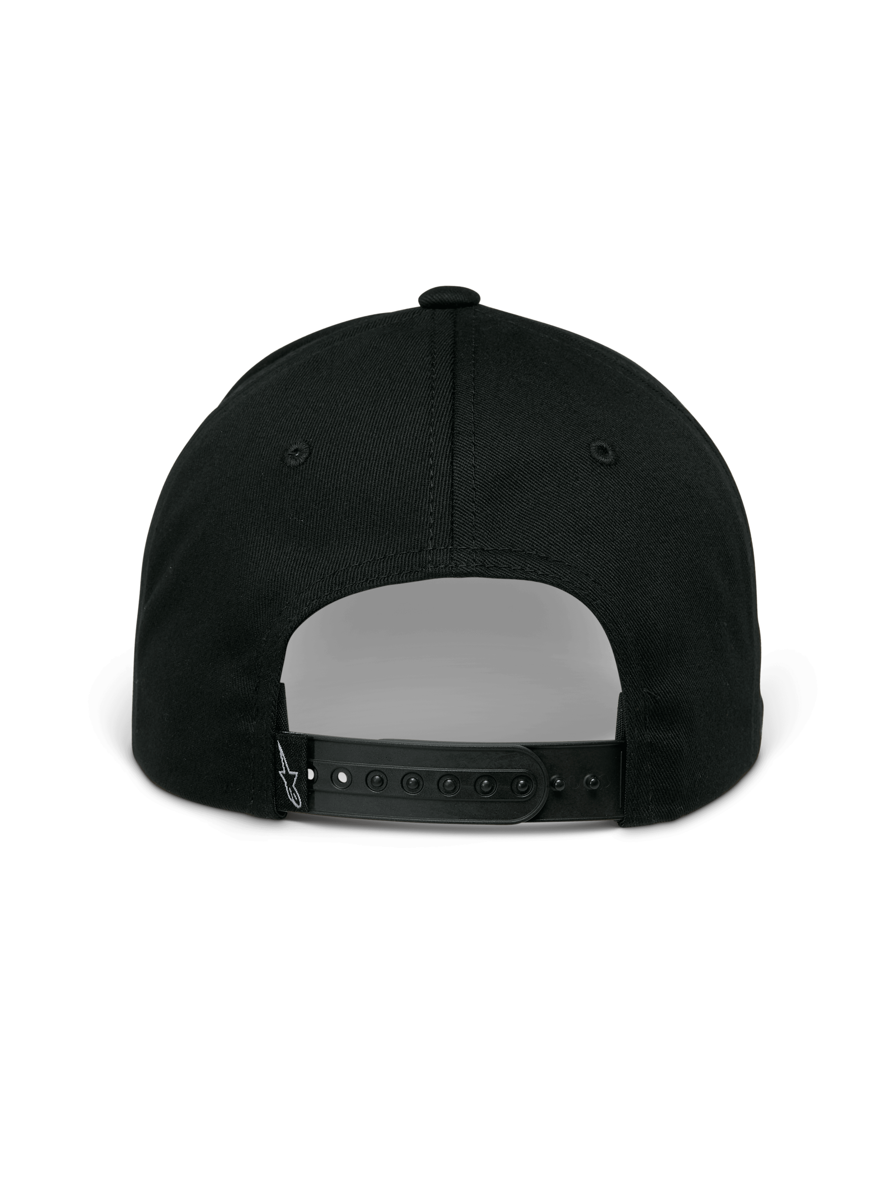 Cappello Alpinestars Profile, nero, vista posteriore con chiusura snapback regolabile, corona strutturata e piccolo logo bianco ricamato sul cinturino posteriore, abbigliamento sportivo casual