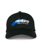Cappello Alpinestars Profile, cappellino da baseball nero, con grafica a stella blu e logo 'astars RACEWEAR' bianco ricamato in 3D, corona strutturata e visiera curva, copricapo casual motorsport