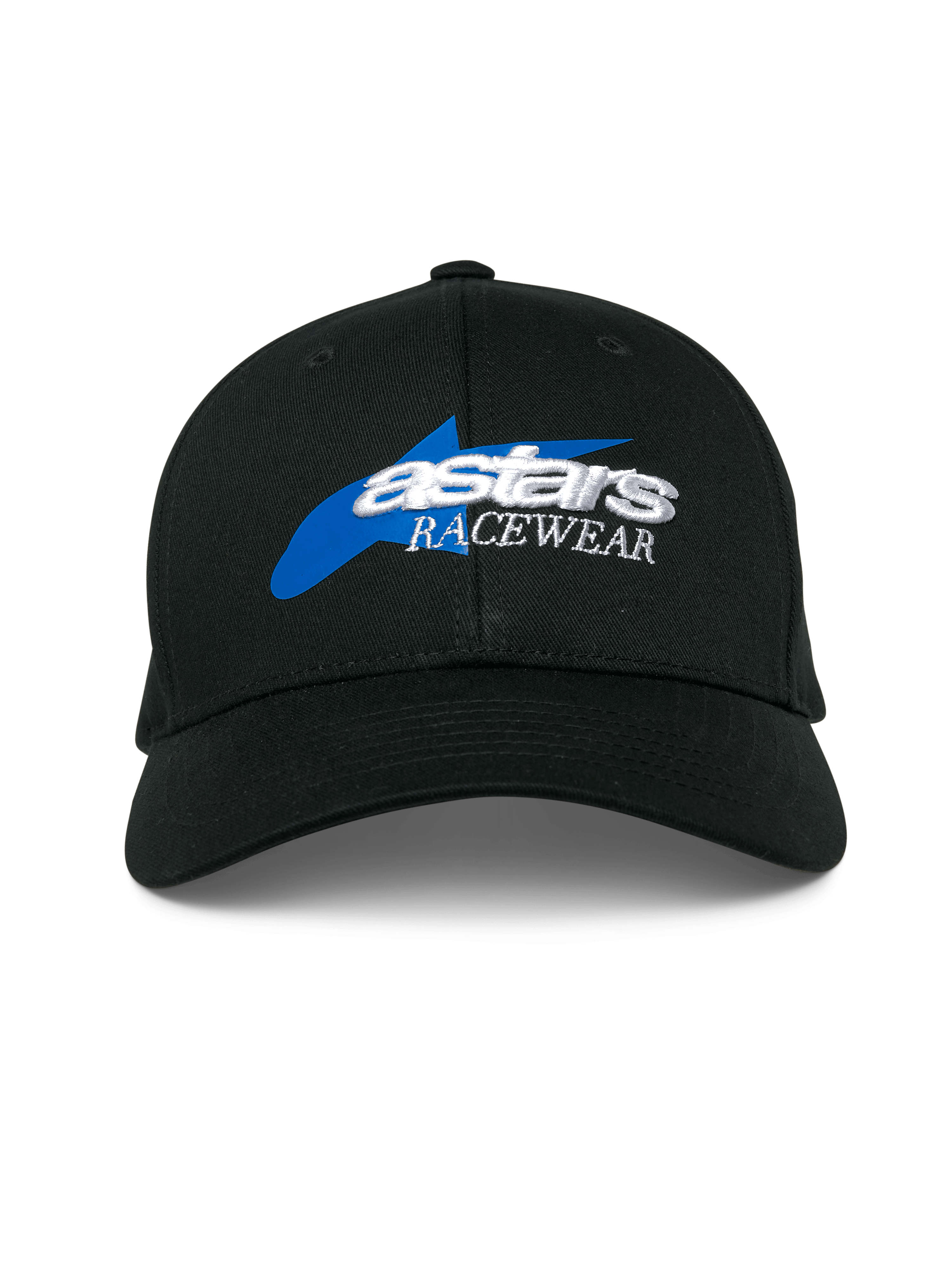 Cappello Alpinestars Profile, cappellino da baseball nero, con grafica a stella blu e logo 'astars RACEWEAR' bianco ricamato in 3D, corona strutturata e visiera curva, copricapo casual motorsport