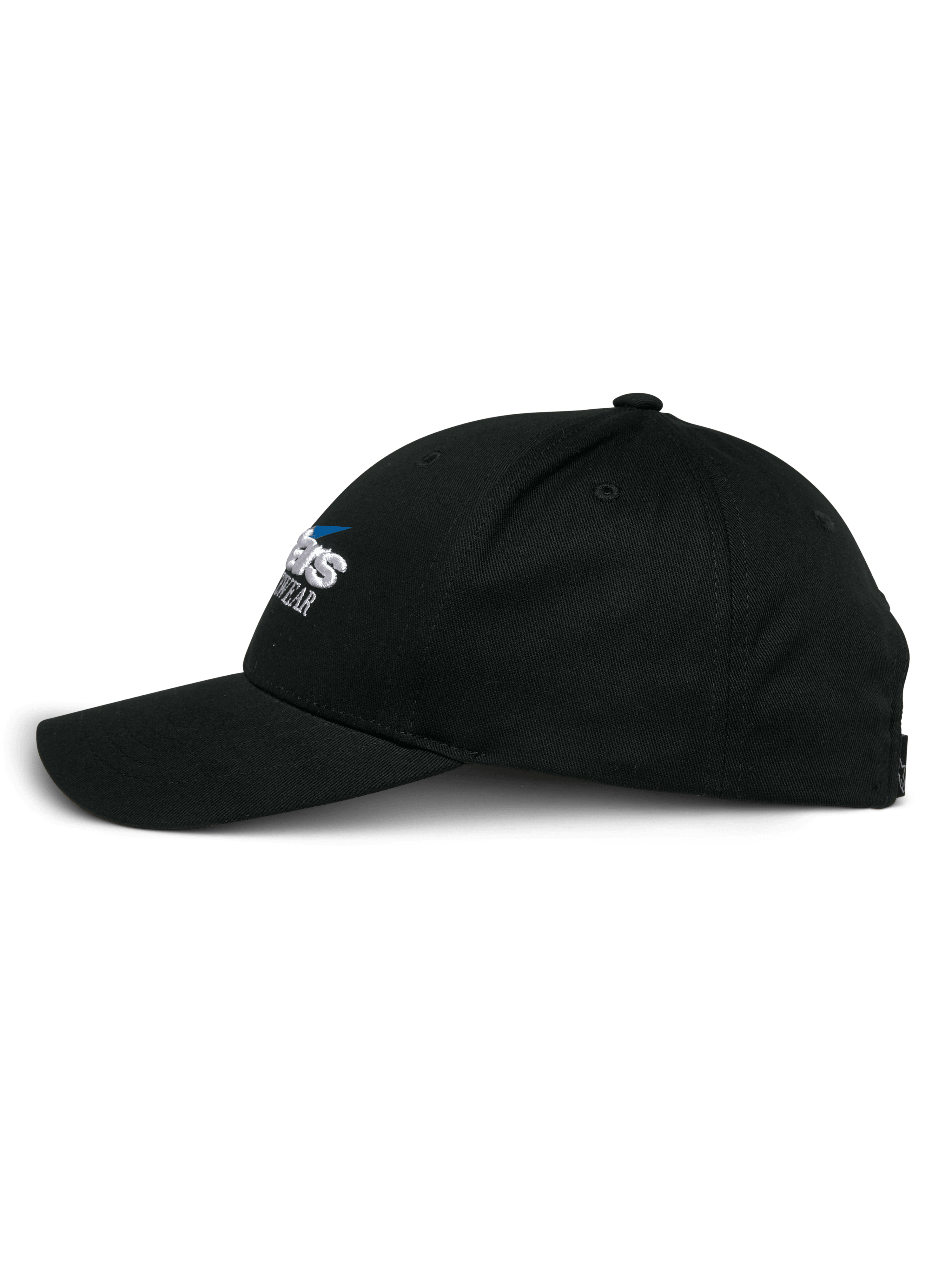 Alpinestars Cappello Profile, cappello snapback, nero, vista laterale di profilo, corona strutturata con visiera curva, logo Alpinestars ricamato, copricapo casual ispirato al motorsport