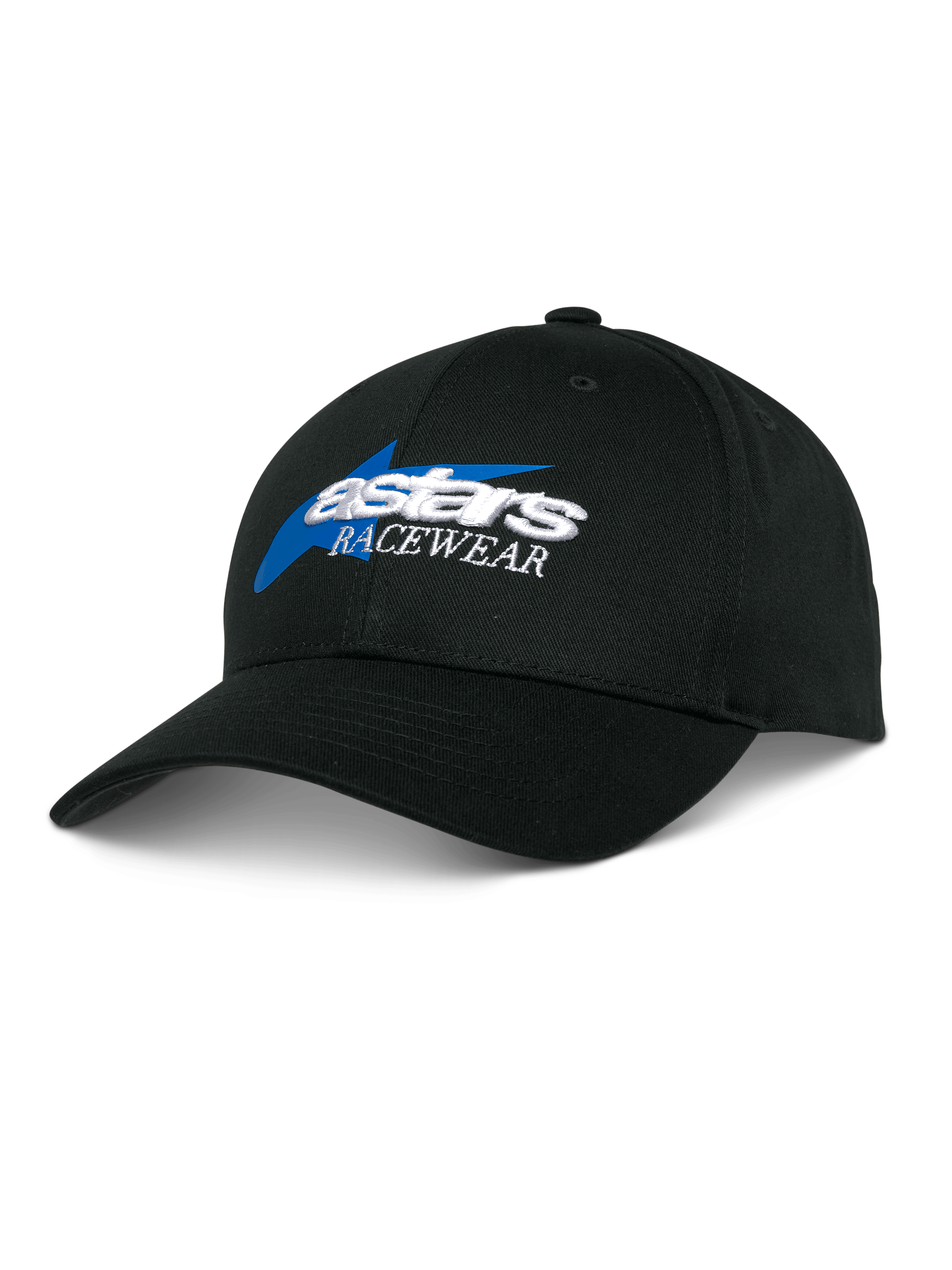 Alpinestars Profile Hat, cappellino da baseball nero, ricamo Astars Racewear blu e bianco, corona strutturata con visiera curva, abbigliamento casual per motorsport