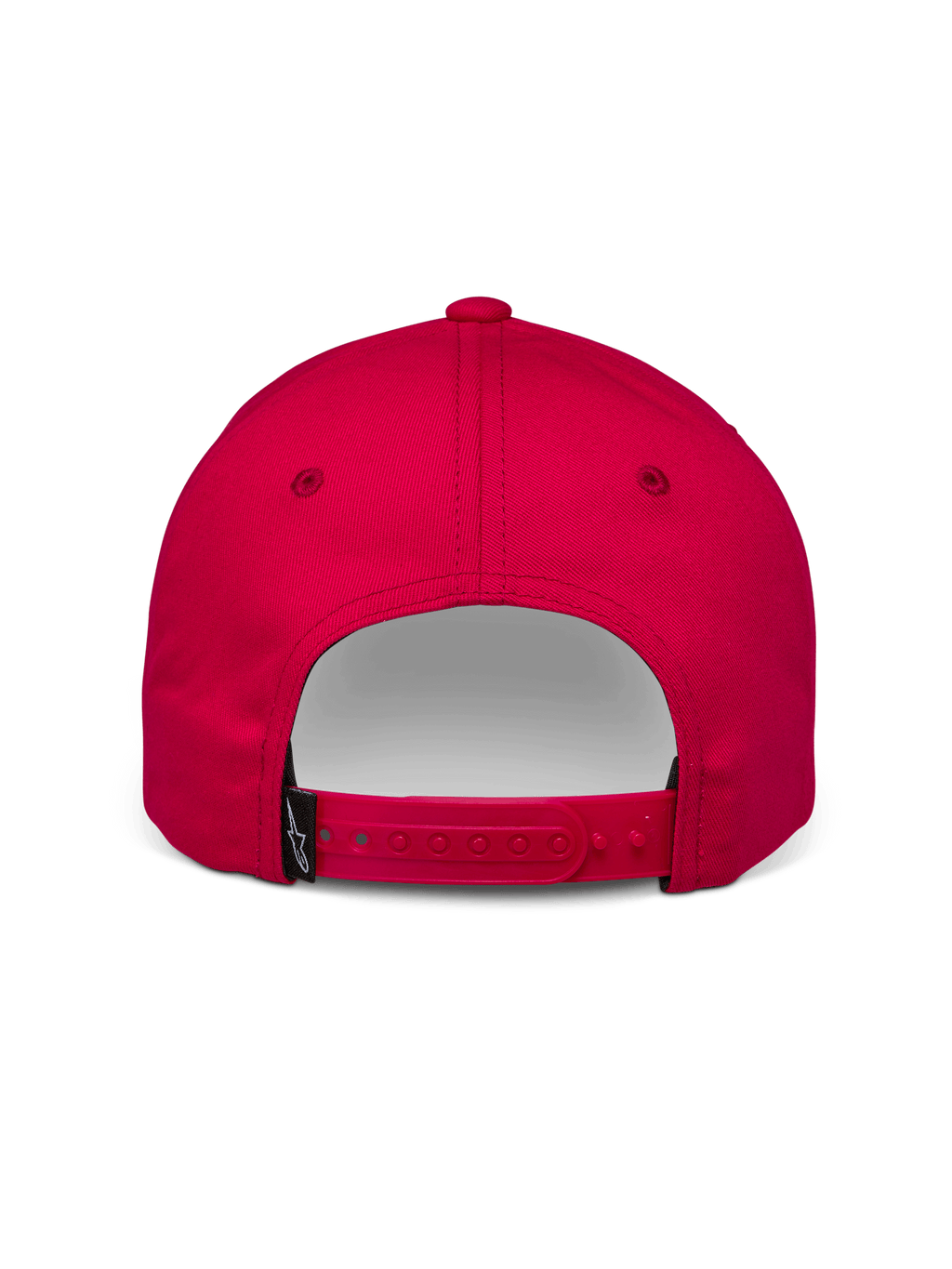 Cappello Alpinestars Profile, cappello snapback rosso, vista posteriore con chiusura regolabile e piccola etichetta nera con logo Alpinestars, twill di cotone, accessorio casual per motorsport