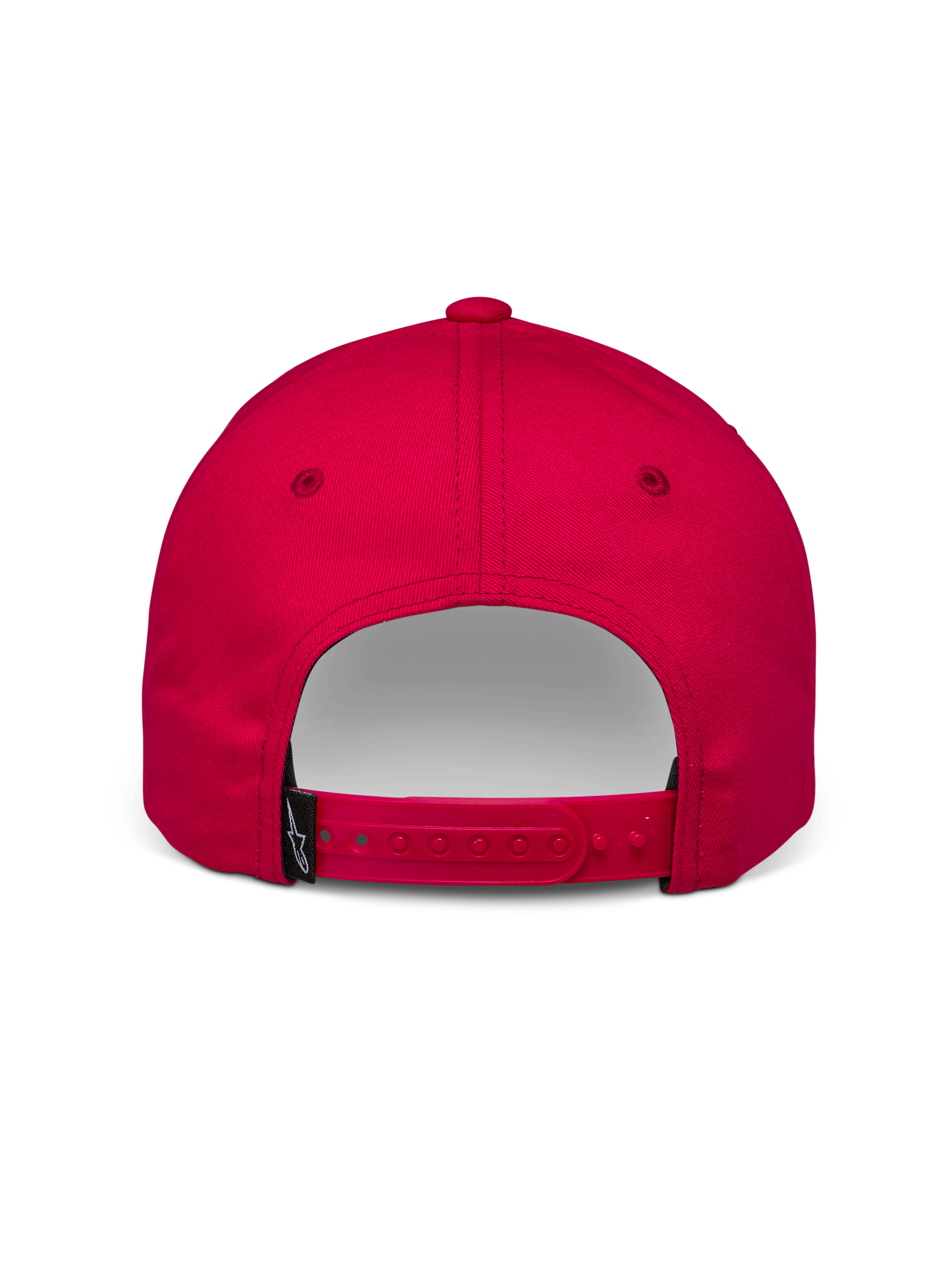 Cappello Alpinestars Profile, cappello snapback rosso, vista posteriore con chiusura regolabile e piccola etichetta nera con logo Alpinestars, twill di cotone, accessorio casual per motorsport