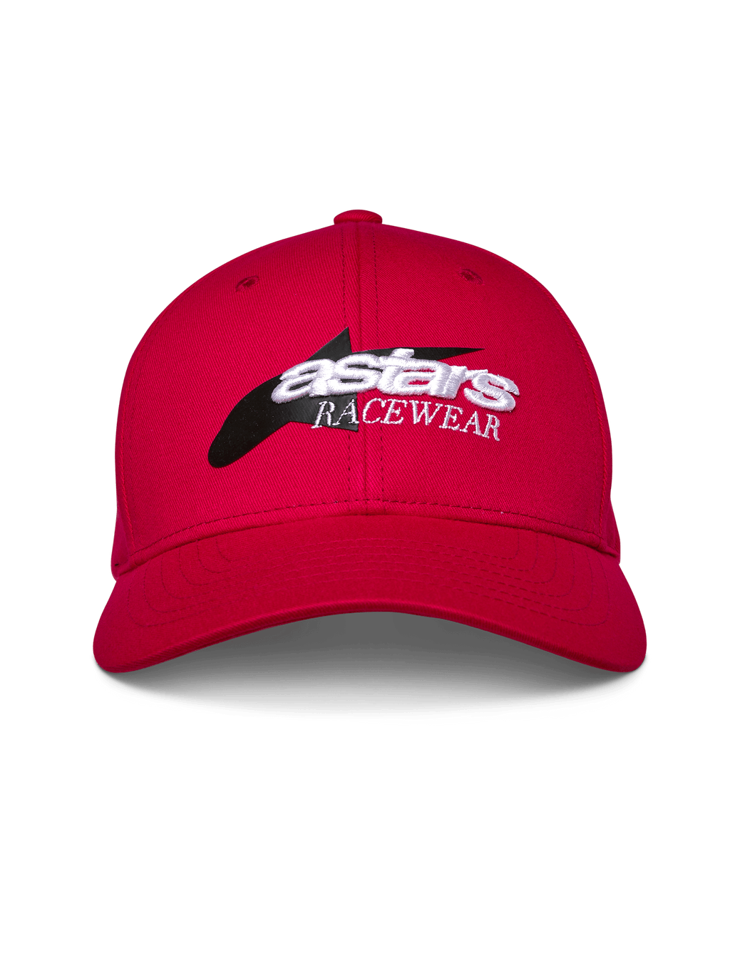 Cappello Alpinestars Profile, rosso, snapback con visiera curva strutturata, logo frontale con grafica a stella nera e ricamo 3D bianco 'astars RACEWEAR', copricapo casual stile motorsport
