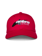 Cappello Alpinestars Profile, rosso, snapback con visiera curva strutturata, logo frontale con grafica a stella nera e ricamo 3D bianco 'astars RACEWEAR', copricapo casual stile motorsport