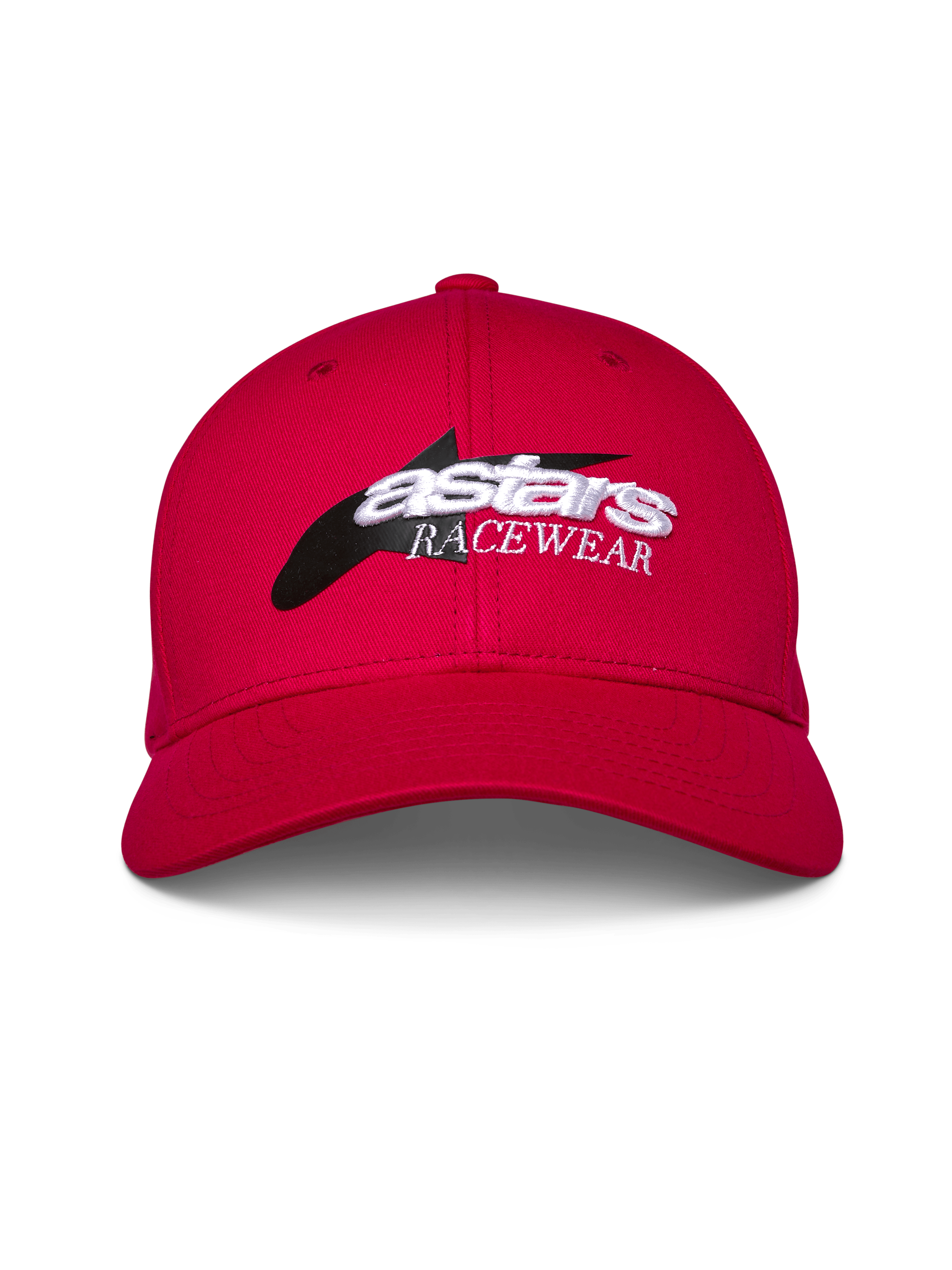 Cappello Alpinestars Profile, rosso, snapback con visiera curva strutturata, logo frontale con grafica a stella nera e ricamo 3D bianco 'astars RACEWEAR', copricapo casual stile motorsport