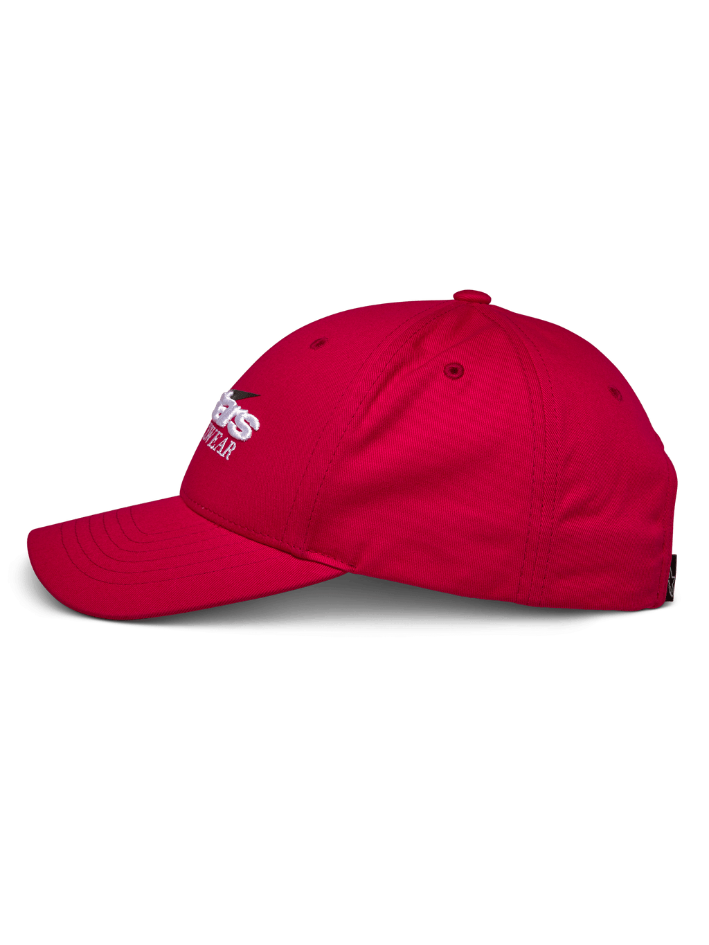 Cappello Profile Alpinestars, vista laterale rossa, corona strutturata con visiera curva, twill 100% cotone, logo ricamato bianco e nero, copricapo casual da motorsport
