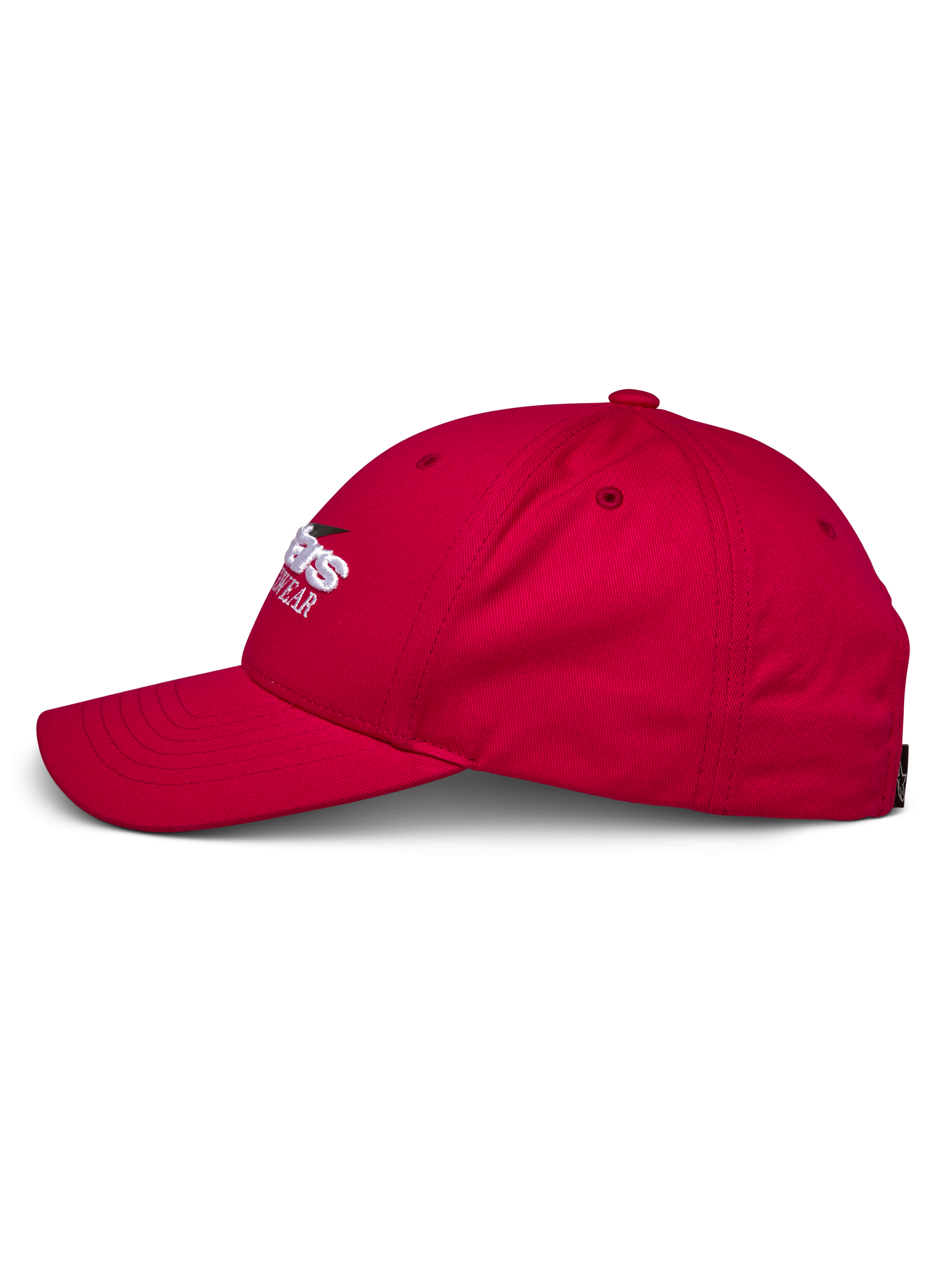 Cappello Profile Alpinestars, vista laterale rossa, corona strutturata con visiera curva, twill 100% cotone, logo ricamato bianco e nero, copricapo casual da motorsport