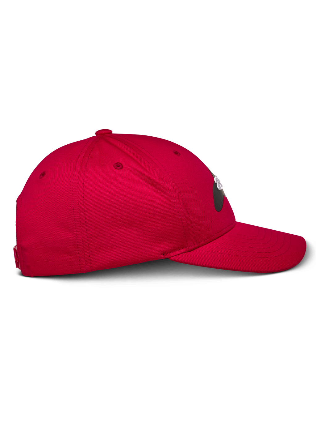 Cappello Alpinestars Profile, rosso, vista laterale, cappello da baseball con corona strutturata e visiera curva, tessuto twill di cotone, copricapo casual ispirato al motorsport