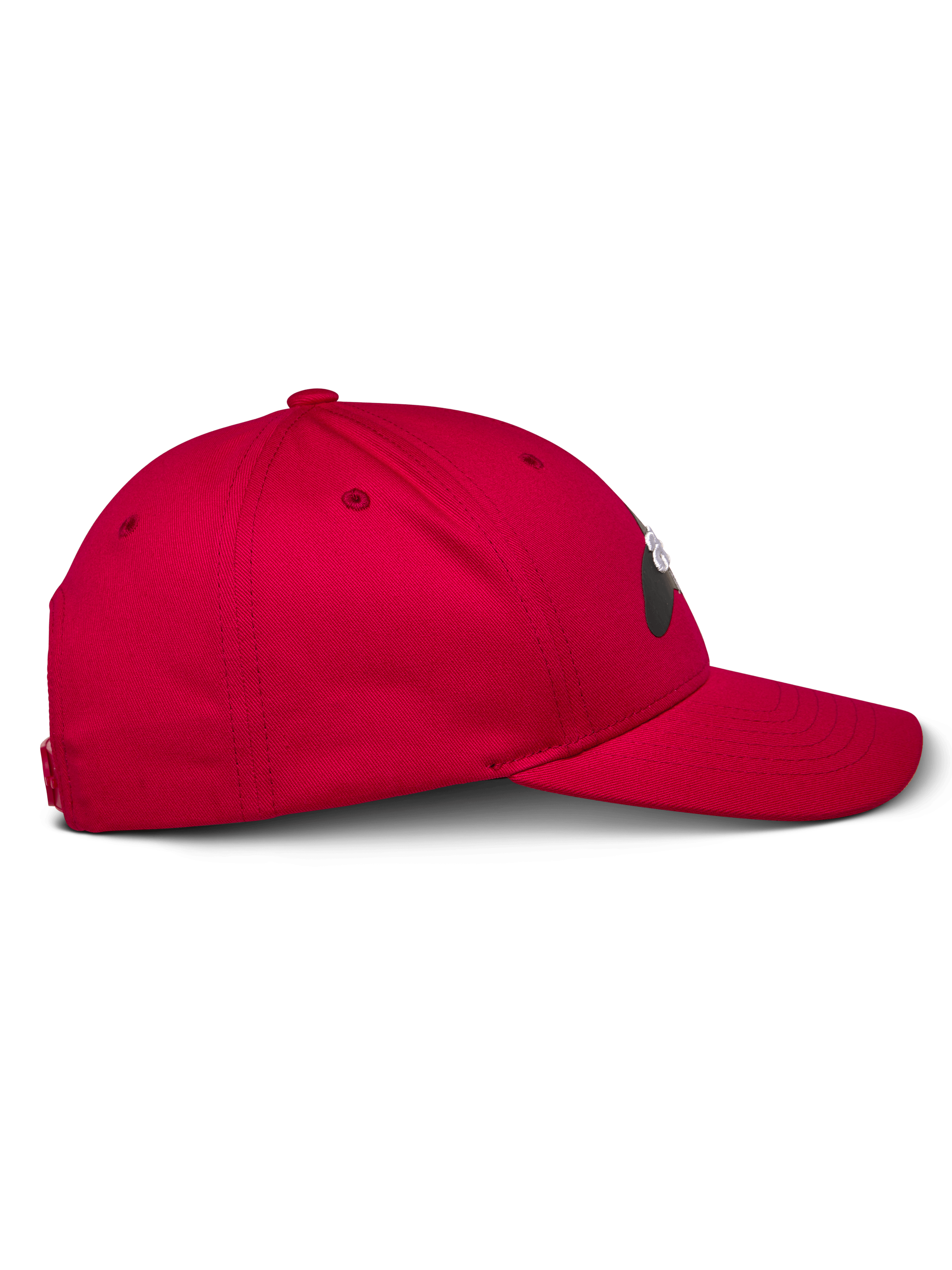 Cappello Alpinestars Profile, rosso, vista laterale, cappello da baseball con corona strutturata e visiera curva, tessuto twill di cotone, copricapo casual ispirato al motorsport
