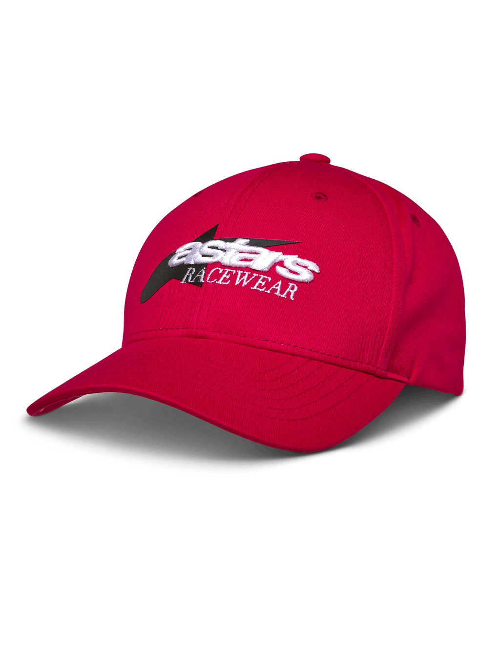 Cappello Alpinestars Profile, cappellino da baseball rosso, logo Astars RACEWEAR ricamato bianco e nero, visiera curva e corona strutturata, streetwear casual motorsport